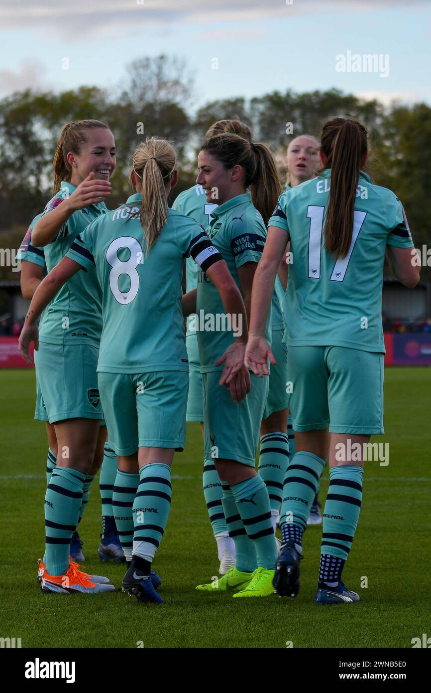 Bristol, England. 28 October 2018. Arsenal players celebrate their side's opening goal during the FA Women's Super League game between Bristol City and Arsenal at Stoke Gifford Stadium in Bristol, England, UK on 28 October 2018. Credit: Duncan Thomas/Majestic Media. Stock Photo