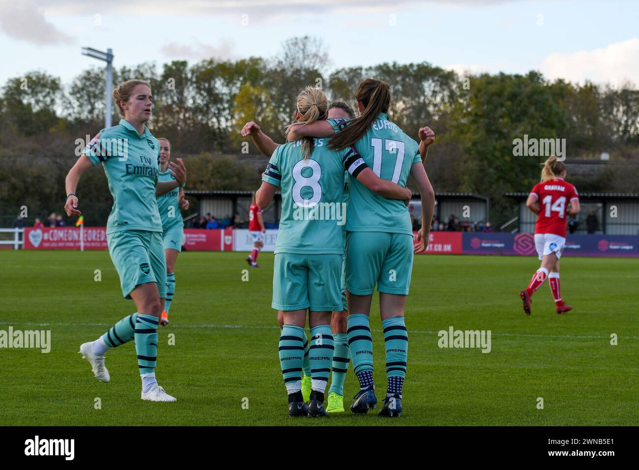 Bristol, England. 28 October 2018. Jordan Nobbs of Arsenal celebrates scoring her side's first goal with team-mates Lisa Evans and Vivianne Miedema during the FA Women's Super League game between Bristol City and Arsenal at Stoke Gifford Stadium in Bristol, England, UK on 28 October 2018. Credit: Duncan Thomas/Majestic Media. Stock Photo