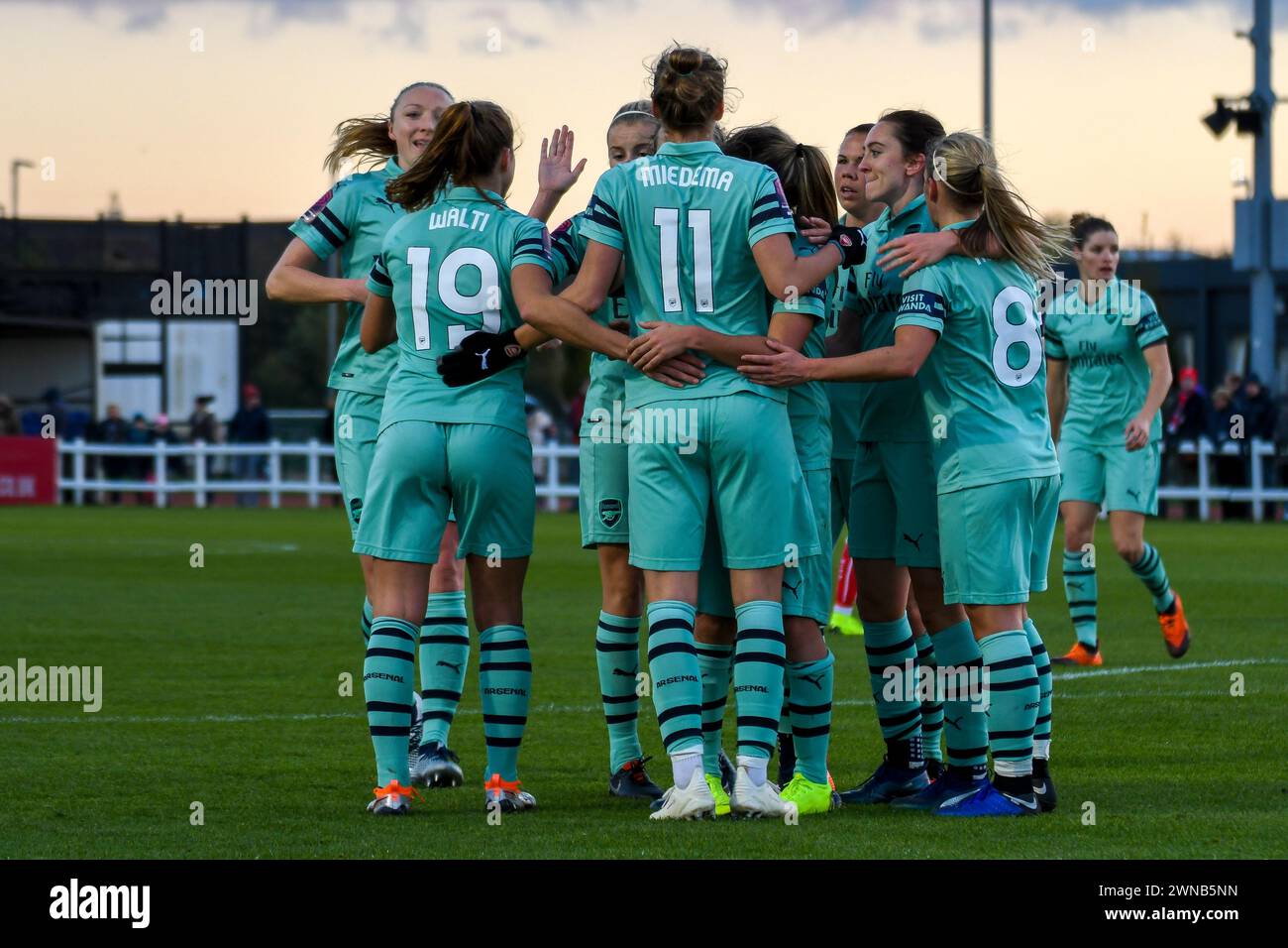 Bristol, England. 28 October 2018. Arsenal players celebrate their side's fourth goal during the FA Women's Super League game between Bristol City and Arsenal at Stoke Gifford Stadium in Bristol, England, UK on 28 October 2018. Credit: Duncan Thomas/Majestic Media. Stock Photo