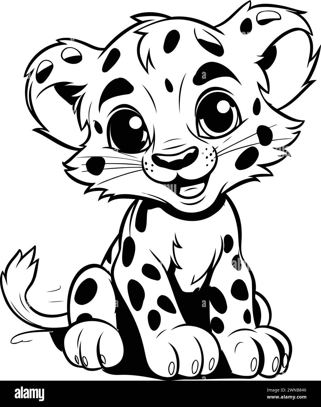 Cute leopard cub cartoon animal black and white vector illustration
