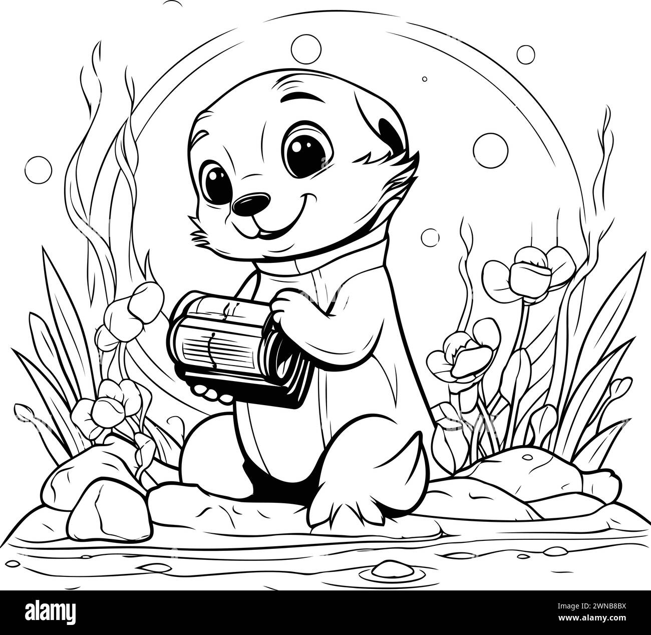 Cute otter with a camera. Vector illustration for coloring book Stock