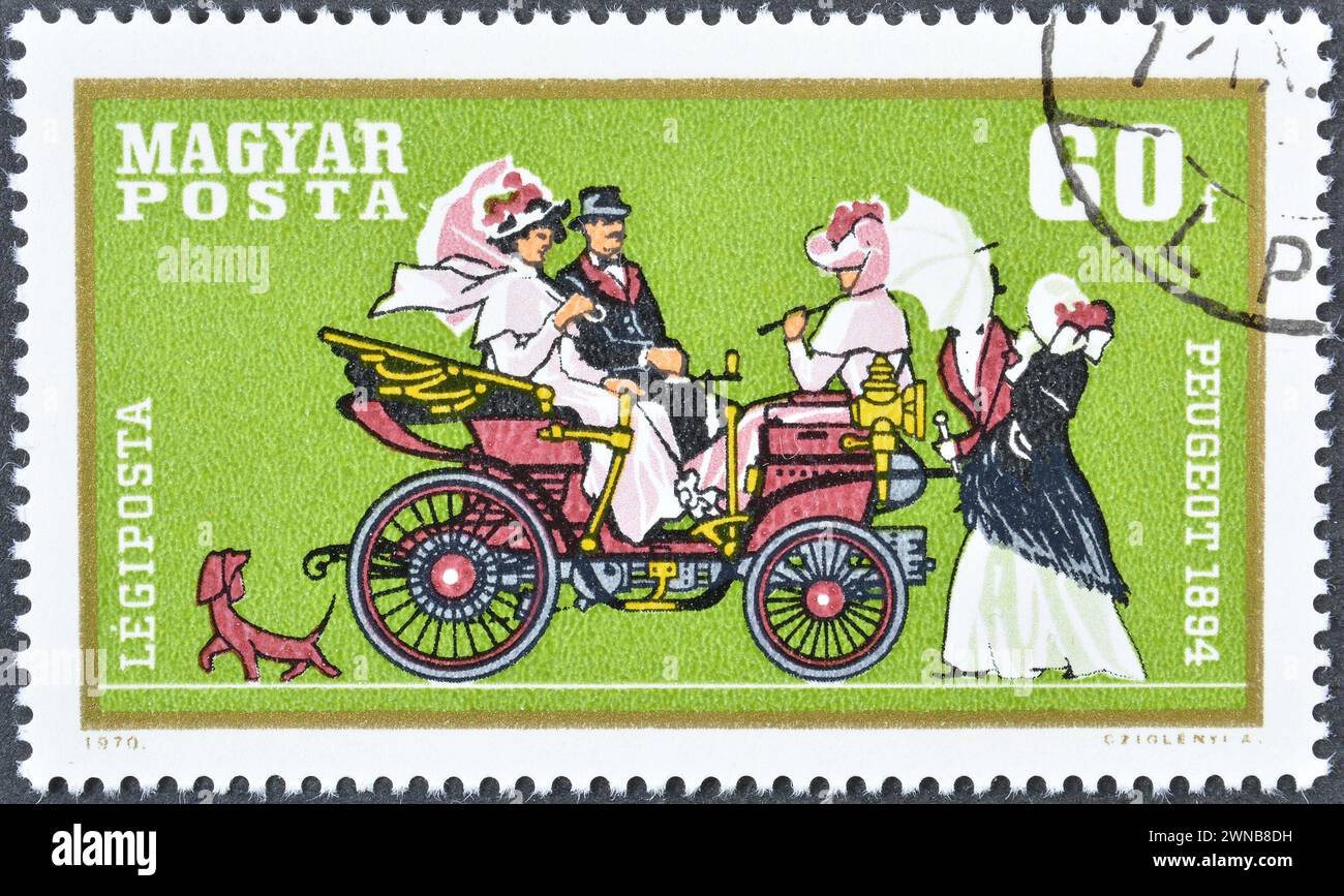 Cancelled postage stamp printed by Hungary, that shows Peugeot 1894, circa 1970. Stock Photo