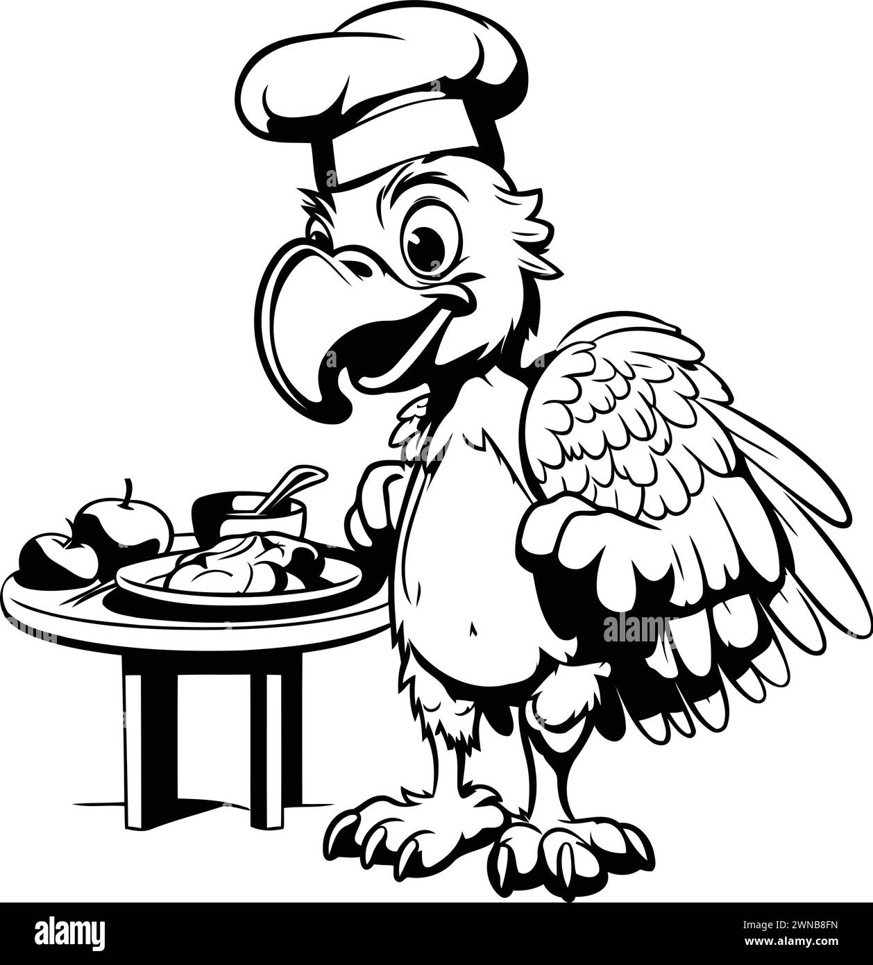 Illustration of a parrot chef with a plate of food. Stock Vector