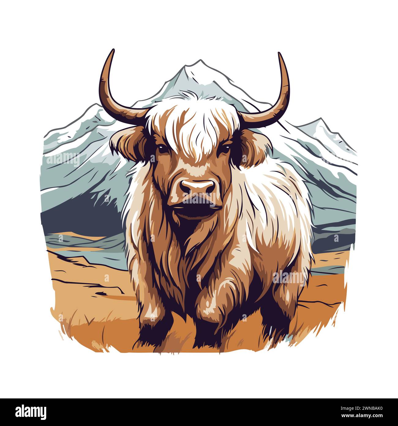 Yak in the mountains. Vector illustration of a mountain animal Stock