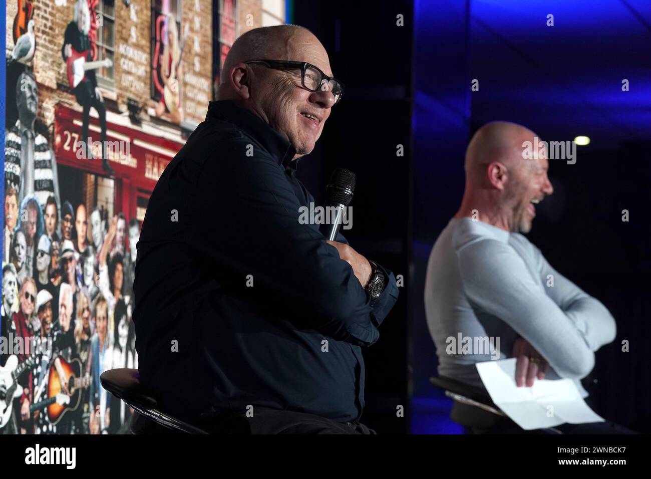 Dire Straits star Mark Knopfler (left) during a Q&A with Alan Shearer at a Teenage Cancer Trust charity auction at St James' Park in Newcastle. Picture date: Friday March 1, 2024. Stock Photo