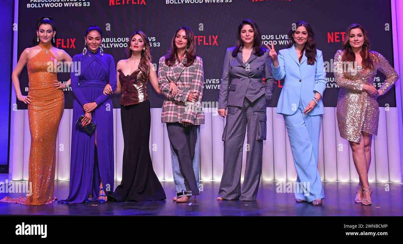 L-R Indian philanthropist Shalini Passi, Founder and Chief Executive of a luxury silverware Kalyani Saha, Riddhima Kapoor Sahani (sister of Bollywood actor Ranbir Kapoor), TV personality Seema Sajdeh, Maheep Kapoor (wife of Bollywood actor Sanjay Kapoor), Bhavana Pandey (wife of Bollywood actor Chunky Pandey) and Bollywood actress Neelam Kothari pose for a photo at an event to unveil their upcoming series 'Fabulous Lives vs Bollywood Wives' on Netflix in Mumbai. Stock Photo