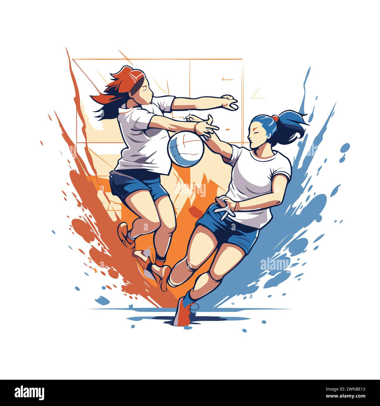 Female rugby players in action. Vector illustration of women playing rugby. Stock Vector