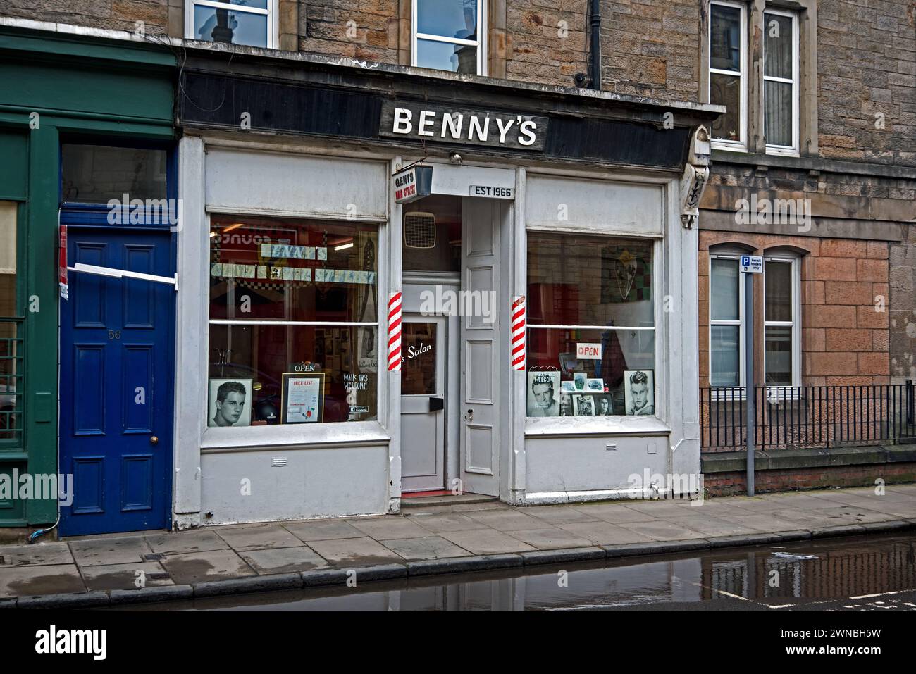 Benny's, a traditional barber shop in Grove Street, Edinburgh, Scotland, UK. Stock Photo