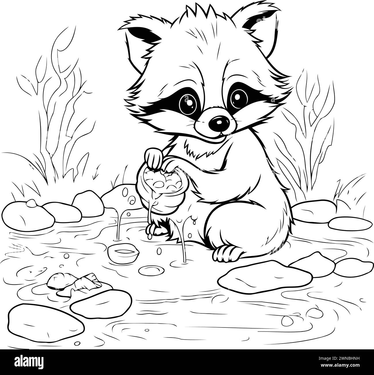 cute raccoon drinking water from a pot on a river bank Stock Vector