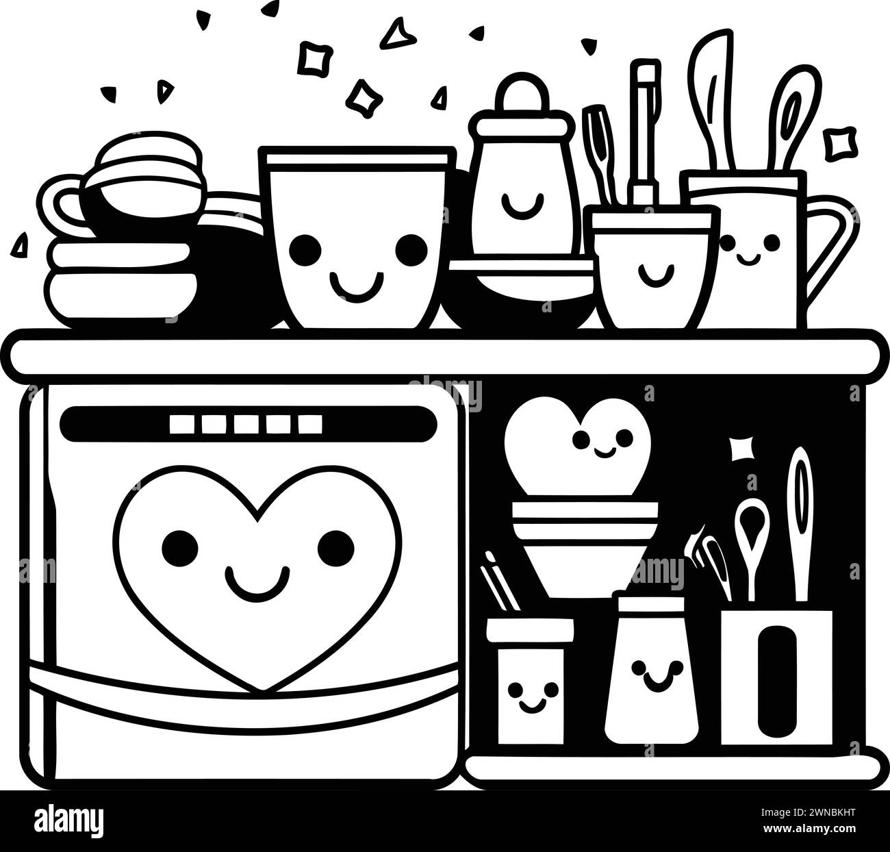 Dishwasher and kitchen with food. Black and white vector illustration. Stock Vector