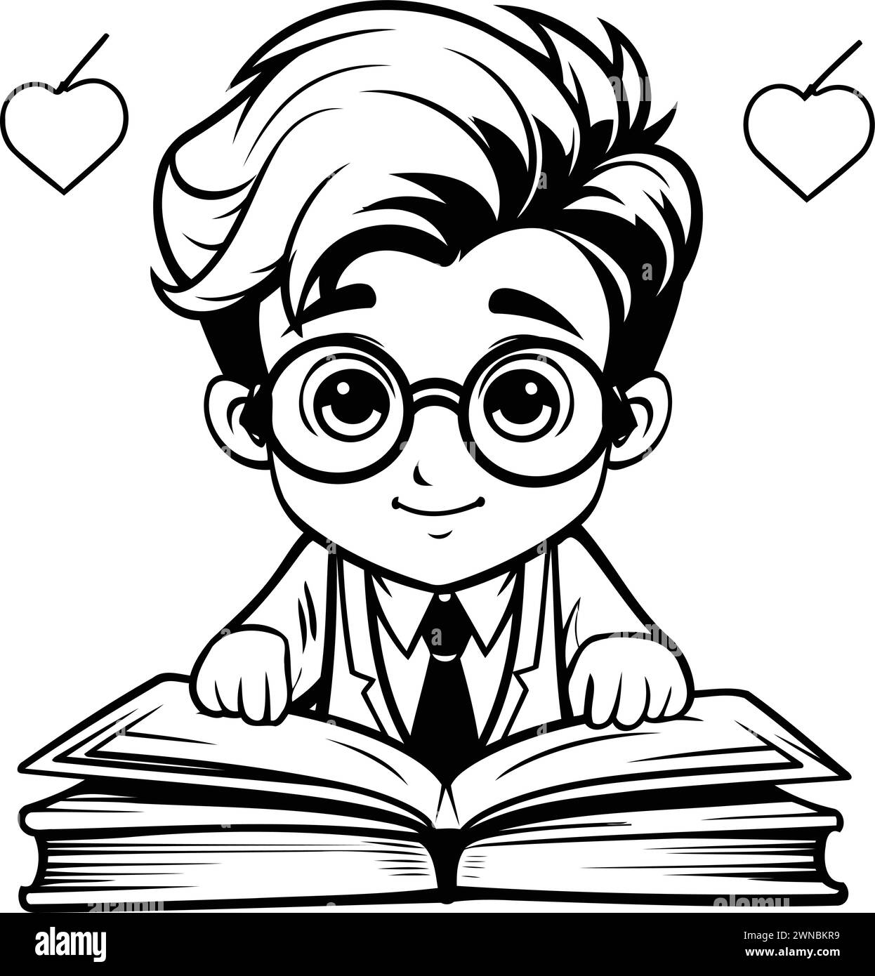 Boy Student Reading Book - Black and White Cartoon Illustration. Vector