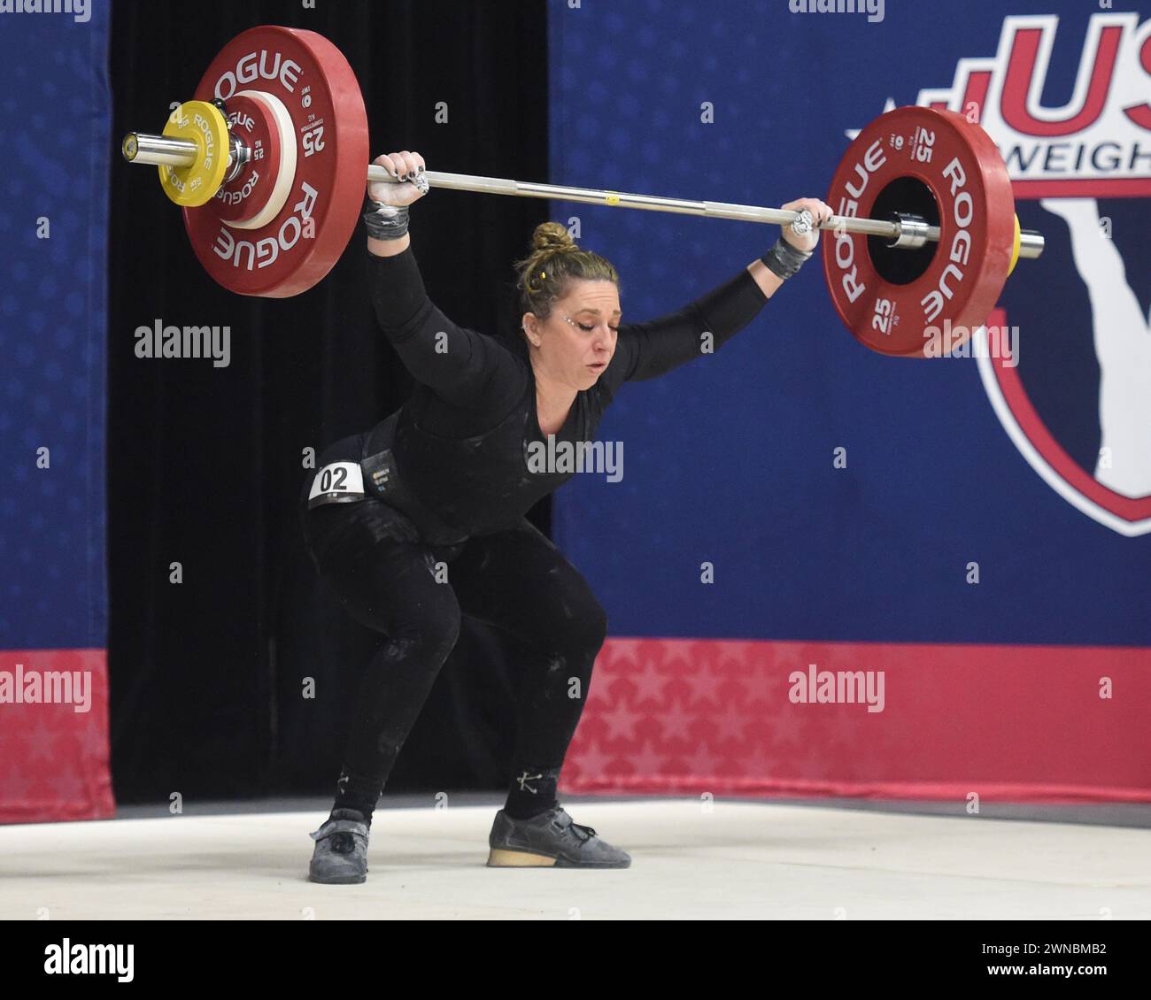 Columbus, Ohio, United States. Mar 1 Feb, 2024. Shelby Pflug misses an 88kg snatch in the Women's Weightlifting Championships at the Arnold Sports Festival in Columbus, Ohio, USA. Credit: Brent Clark/Alamy Live News Stock Photo