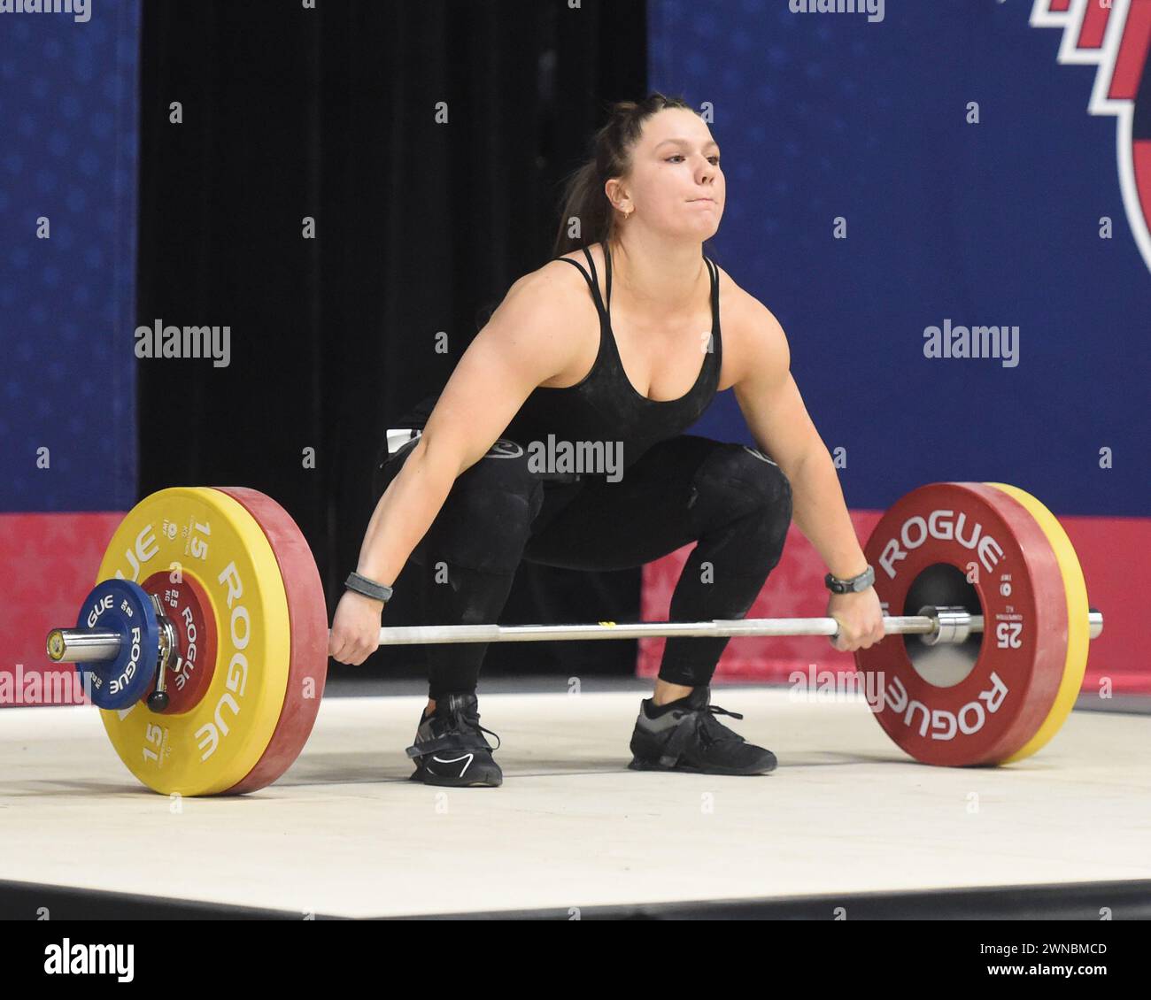 Columbus, Ohio, United States. Mar 1 Feb, 2024. Ella Nicholson lifts 109kgs in the snatch in the Women's Weightlifting Championships at the Arnold Sports Festival in Columbus, Ohio, USA. This lift was a Junior American Record. Credit: Brent Clark/Alamy Live News Stock Photo