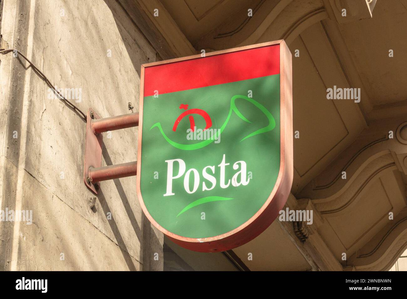 A sign for the Hungarian Postal Service outside a post office in Budapest Stock Photo