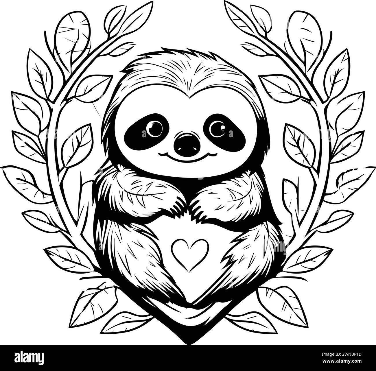 Cute cartoon sloth with heart and leaves. Vector illustration Stock