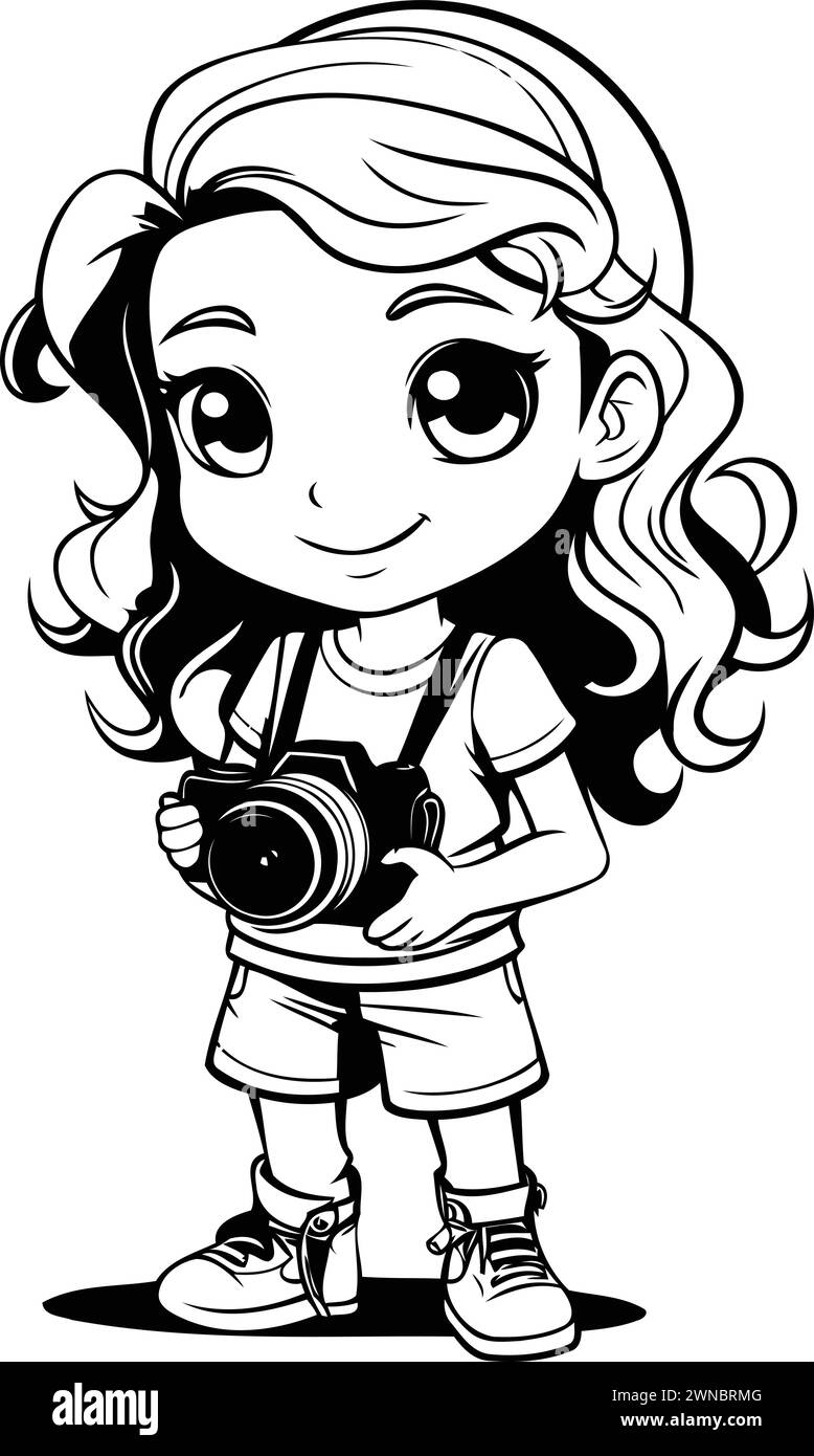 Vector illustration of a cute little girl with a camera on a white background Stock Vector