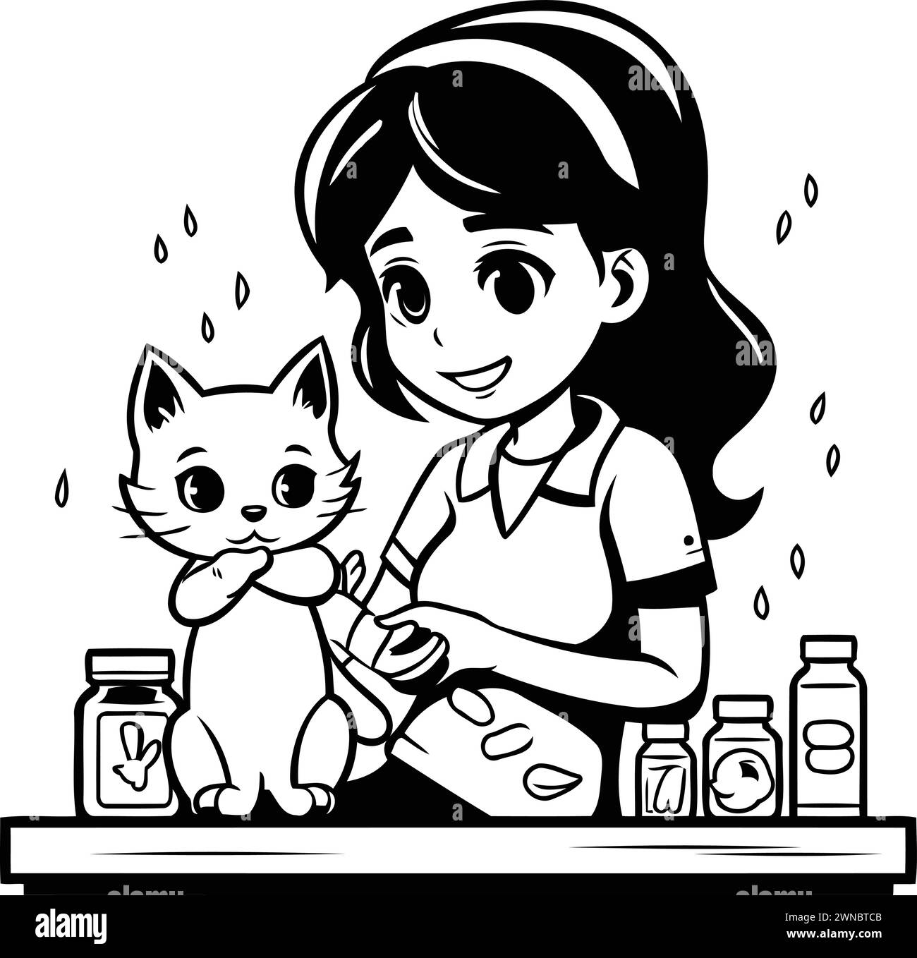 Girl washing cat in the kitchen. Black and white vector illustration. Stock Vector