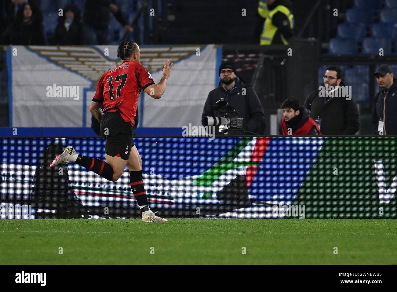 Rome, Italy. 01st Mar, 2024. Noah Okafor of A.C. Milan celebrates after scoring the gol of 0-1 during the 27th day of the Serie A Championship between S.S. Lazio vs A.C. Milan, 1 March 2024 at the Olympic Stadium in Rome. Credit: Independent Photo Agency/Alamy Live News Stock Photo