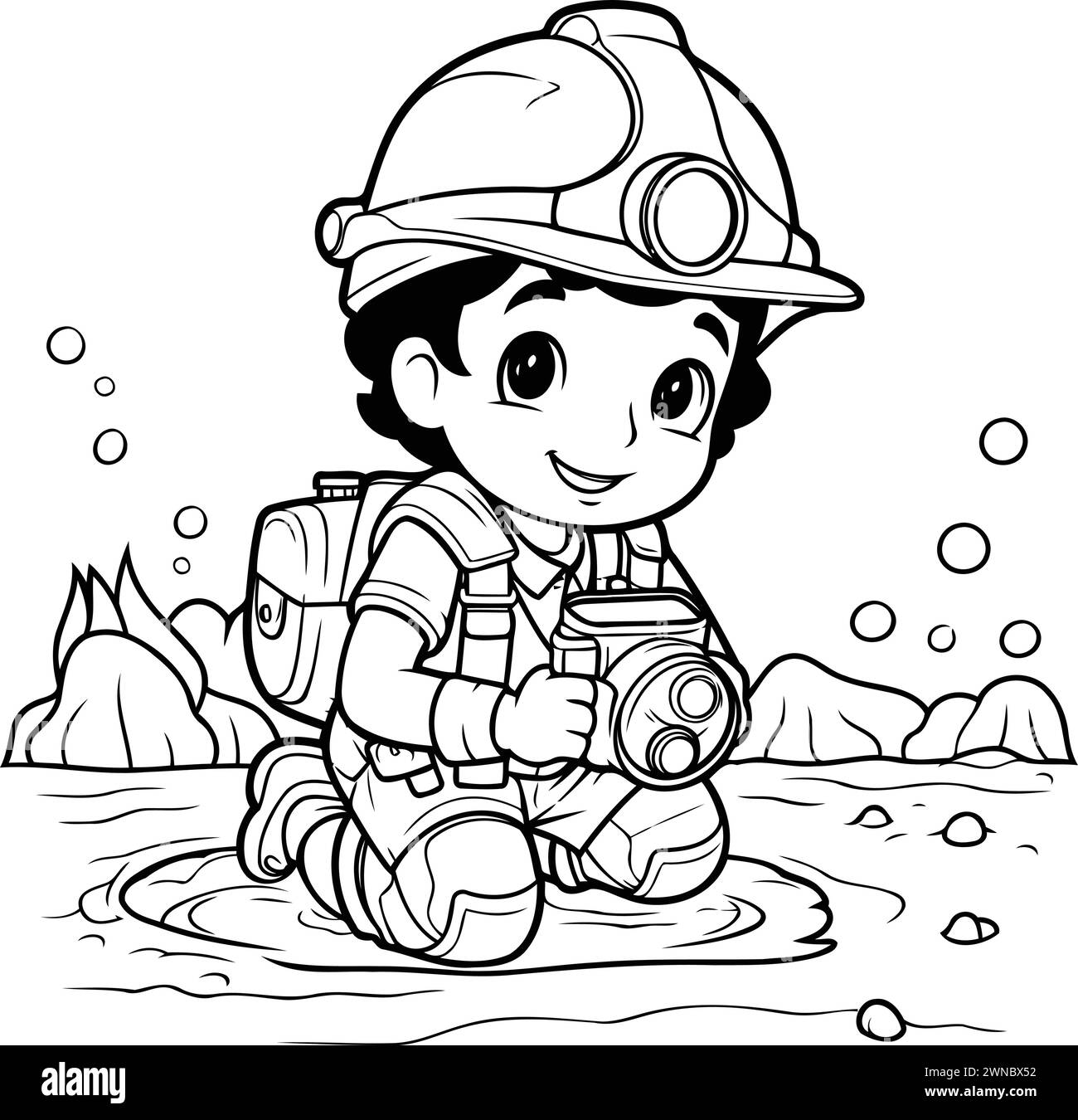 Illustration of a Kid Boy Wearing a Fireman Costume and a Helmet Playing in a Water Stock Vector