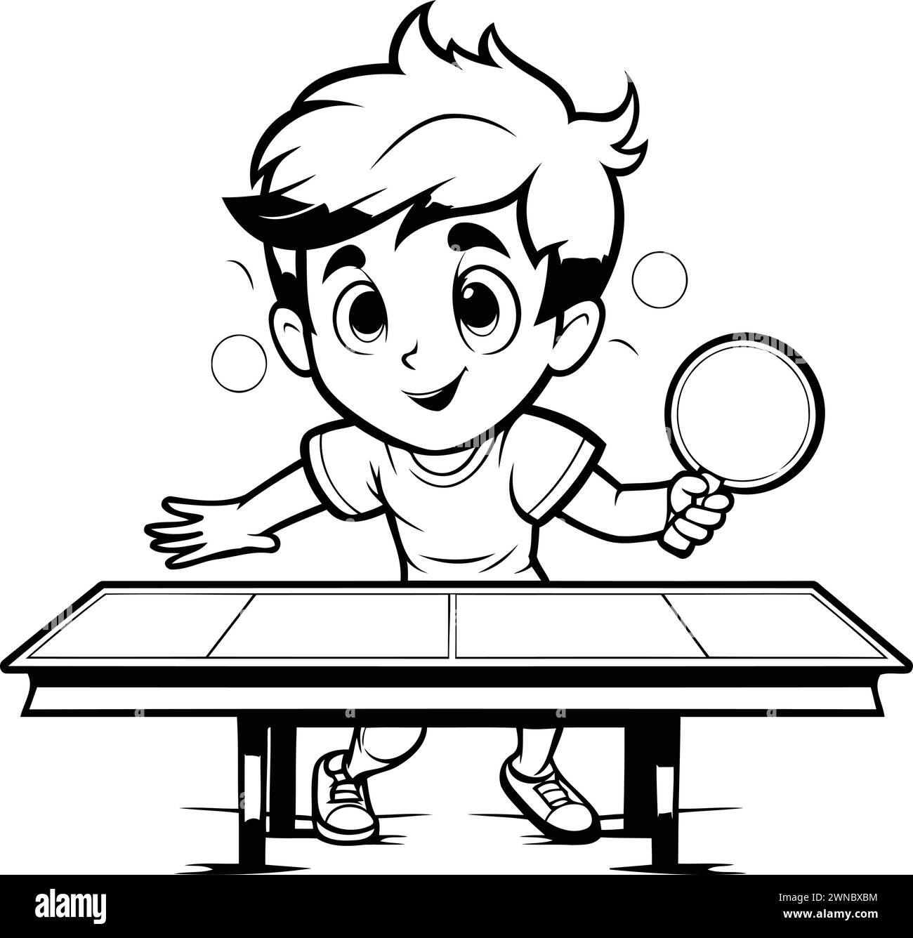 Boy Playing Table Tennis - Black and White Cartoon Illustration. Vector Stock Vector