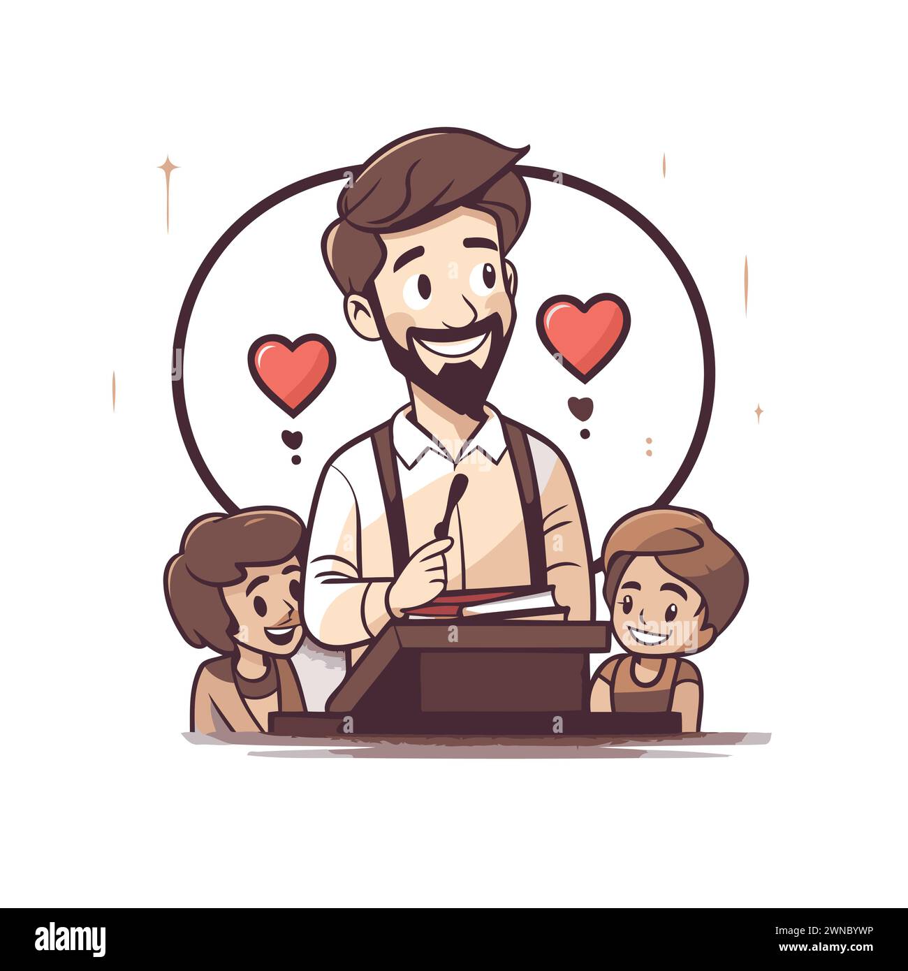 Father and children using typewriter. Vector illustration in cartoon style. Stock Vector