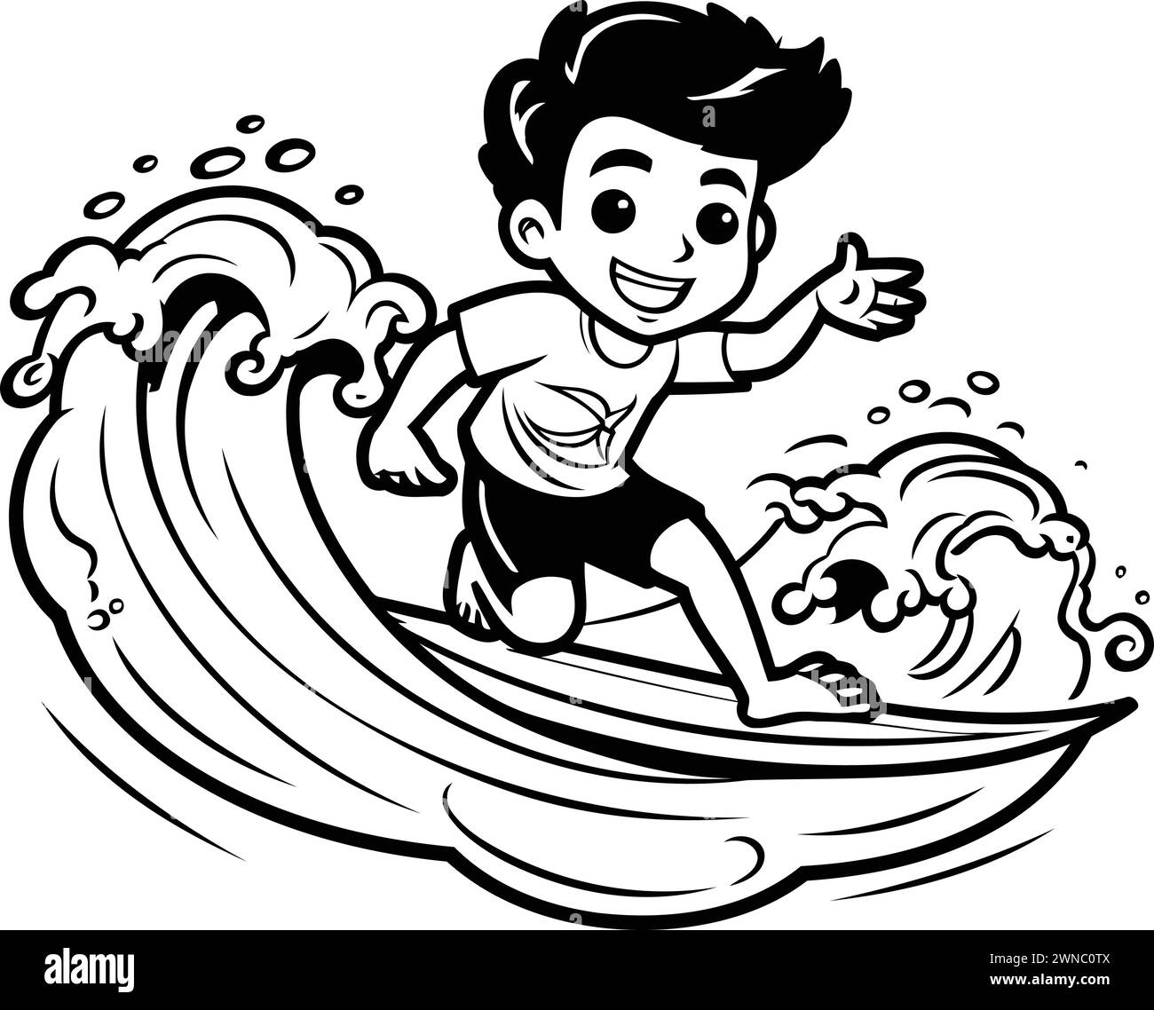 Boy Surfing - Black and White Vector Illustration. Isolated On White ...