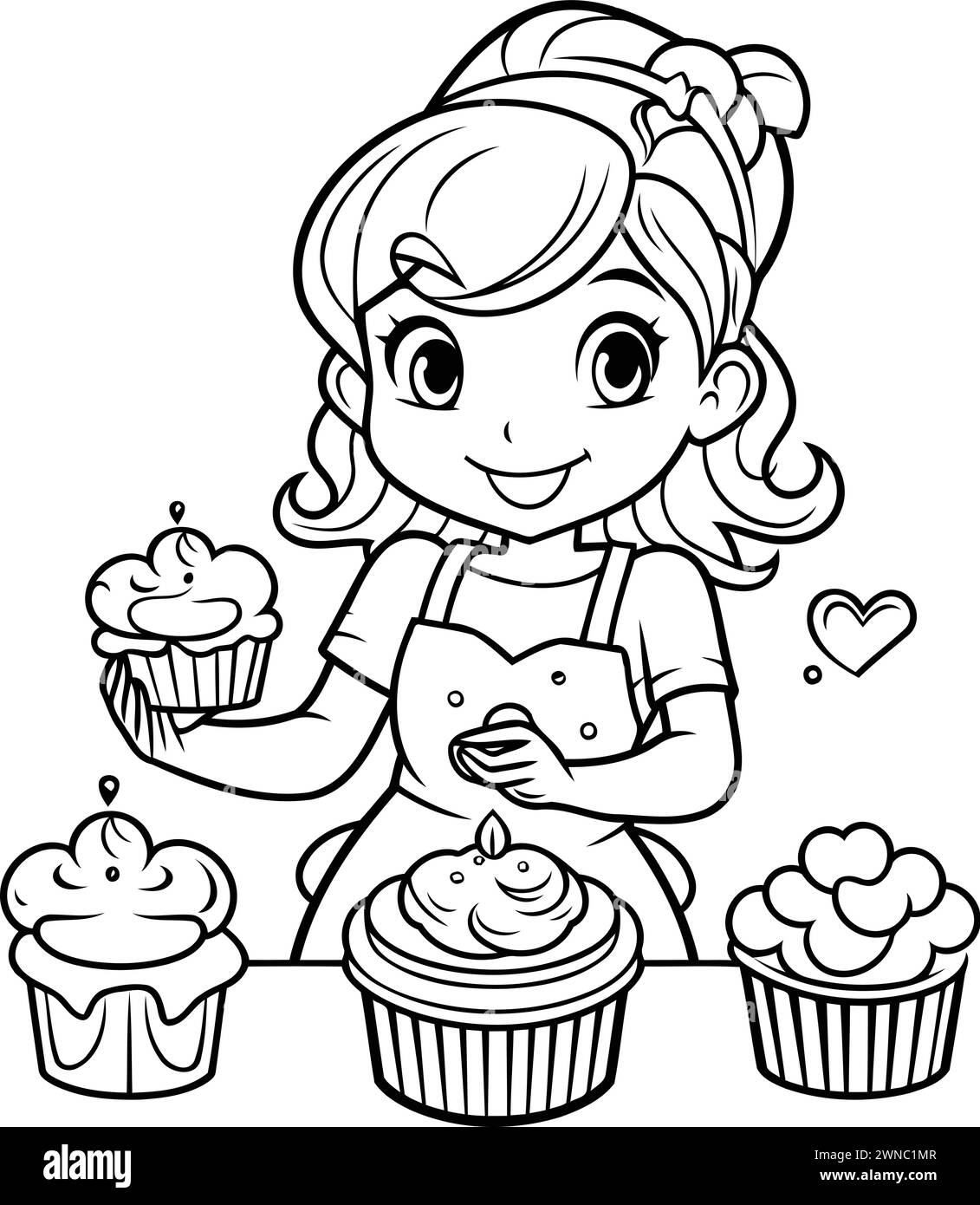 Black and White Cartoon Illustration of Cute Little Girl with Cupcakes for Coloring Book Stock Vector