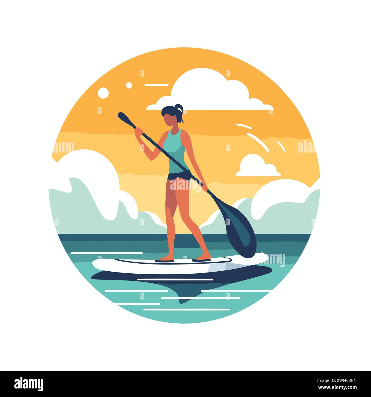 Young woman on stand up paddle board. Stand up paddleboarding vector illustration. Stock Vector