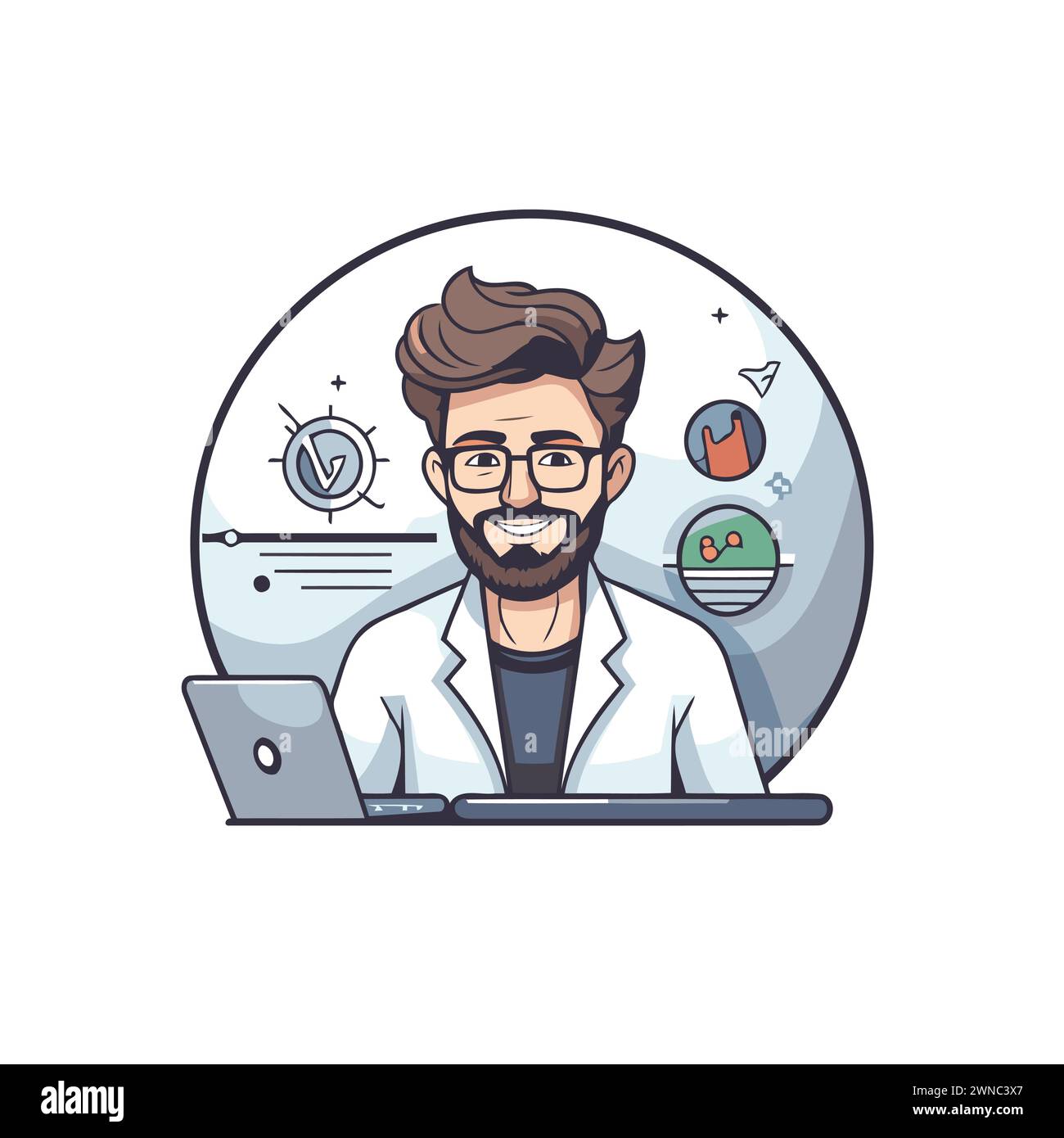 Doctor with laptop and medical icons. Vector illustration in cartoon ...