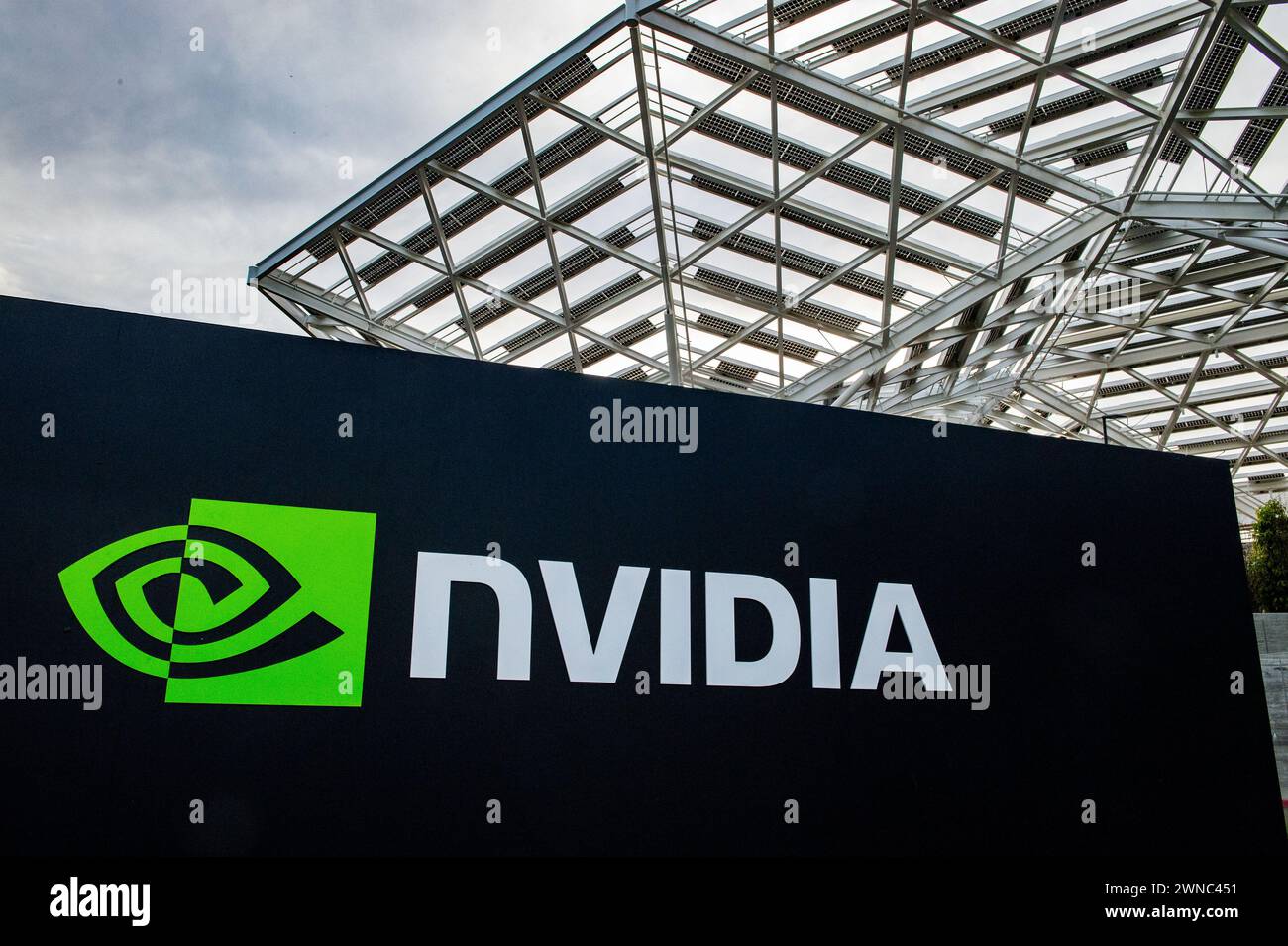 Santa Clara, USA. 23rd Feb, 2024. The logo of the chip company Nvidia can be seen at its headquarters in Silicon Valley. The company's market capitalization exceeded the two trillion dollar mark for the first time at the close of trading on Friday. Credit: Andrej Sokolow/dpa/Alamy Live News Stock Photo