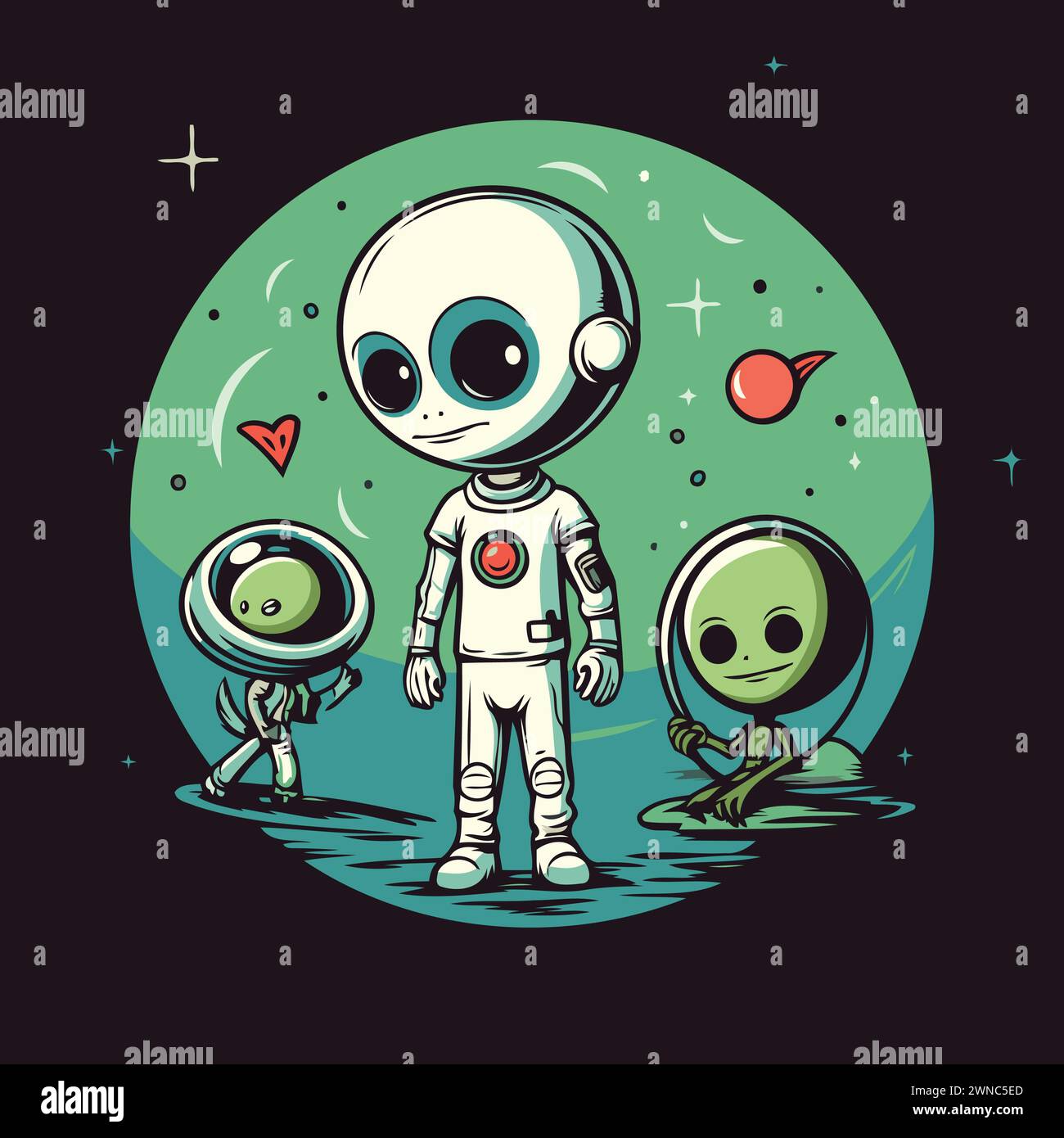 Astronaut and alien in space. Vector illustration. Cartoon style Stock