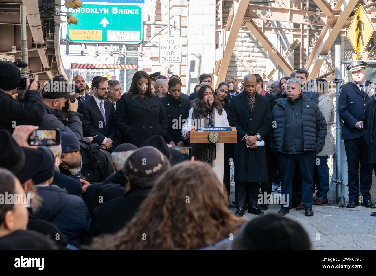 Devorah Halberstam, mother of Ari Halberstam speaks during 30th anniversary commemoration of death of Ari Halberstam under Brooklyn Bridge in New York on March 1, 2024 Stock Photo