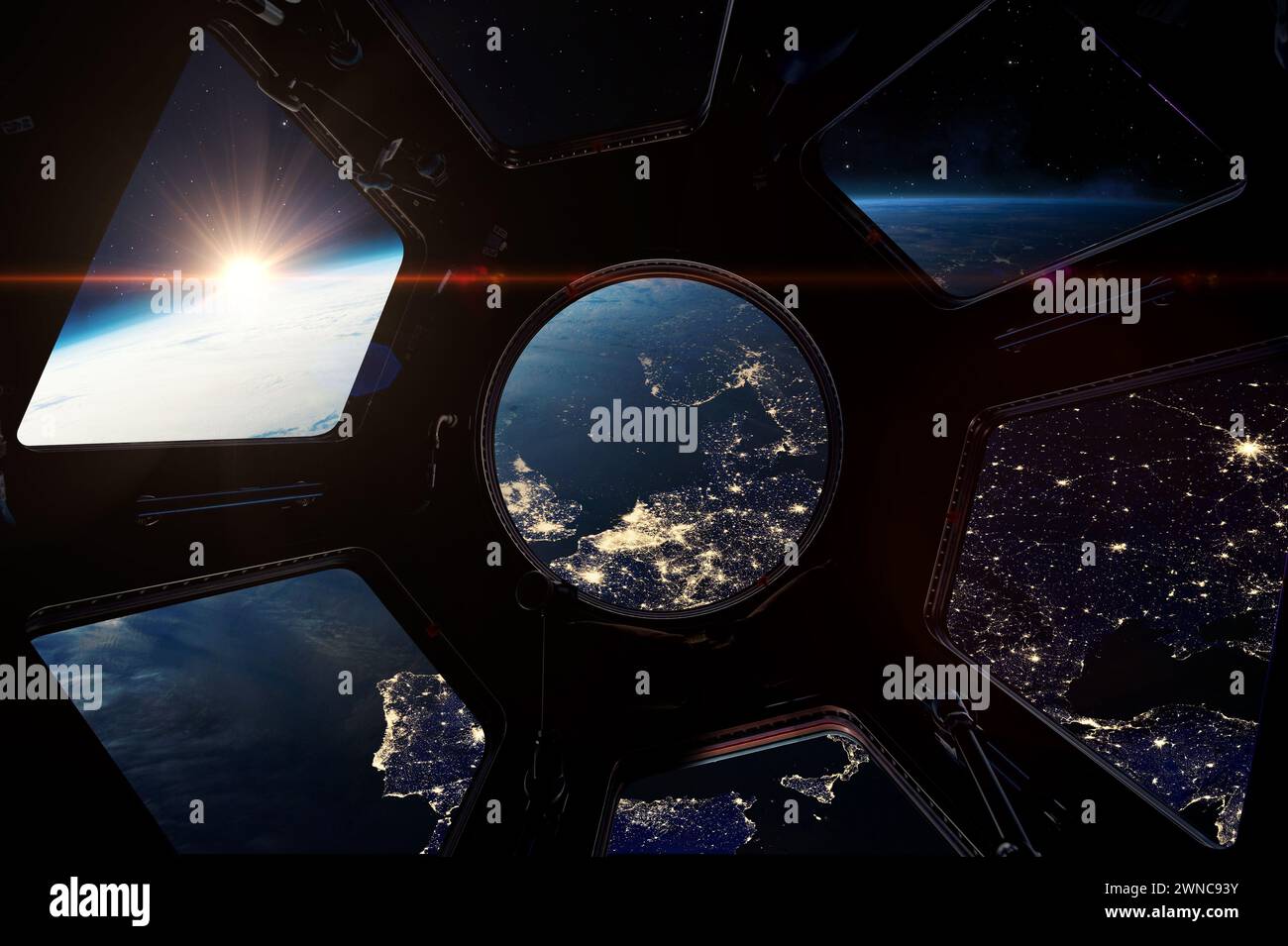Europe at night. View on night Earth from porthole on space station. ISS window. International space station. Elements of this image furnished by NASA Stock Photo