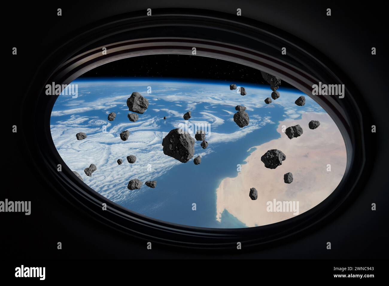 Spacecraft, Earth and asteroids. Asteroids fly over the Earth, as seen from the window of a spaceship. Elements of this image furnished by NASA. Stock Photo