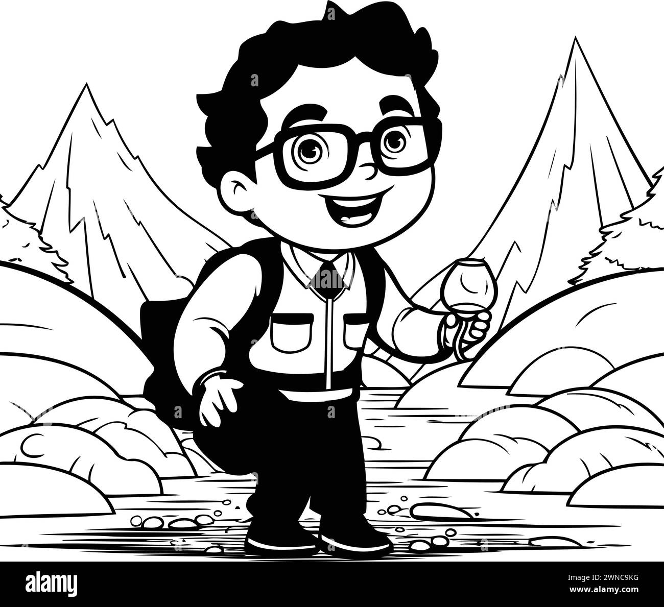 Funny boy with a fishing rod in the mountains. Vector illustration