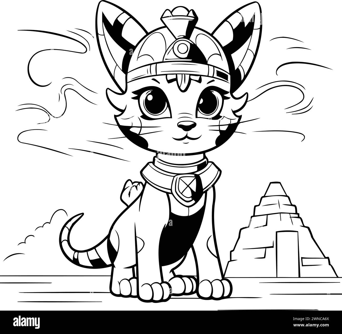 Black and White Cartoon Illustration of Egyptian Cat Animal Character for Coloring Book Stock Vector