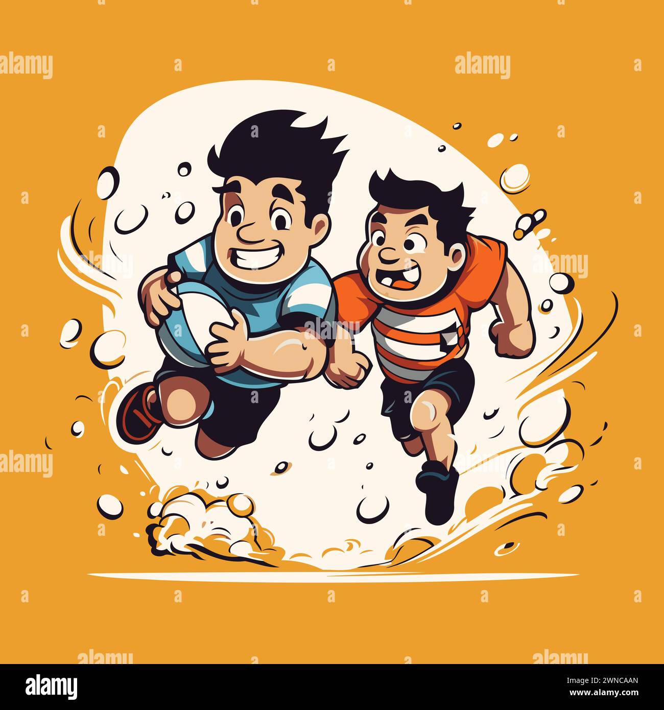 Vector cartoon illustration of two brothers playing rugby. jumping with ball Stock Vector Image