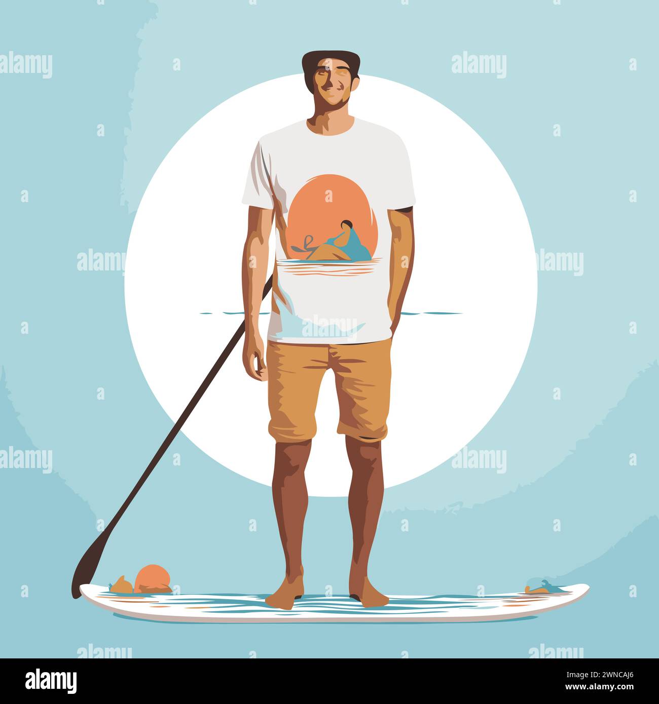 Man on stand up paddle board. vector illustration. Flat design. Stock Vector