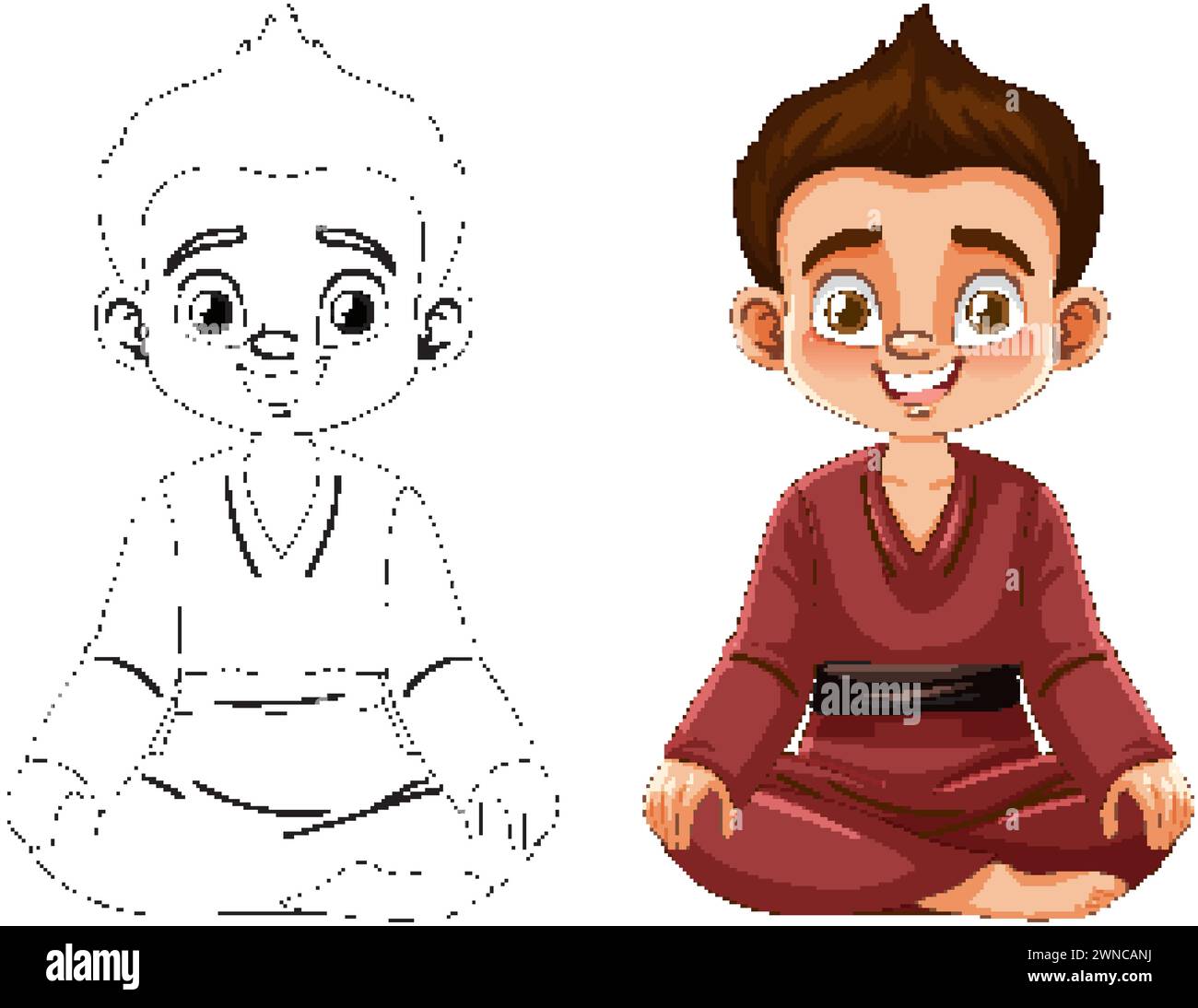 Illustration of a boy in karate attire, colored and sketched. Stock Vector