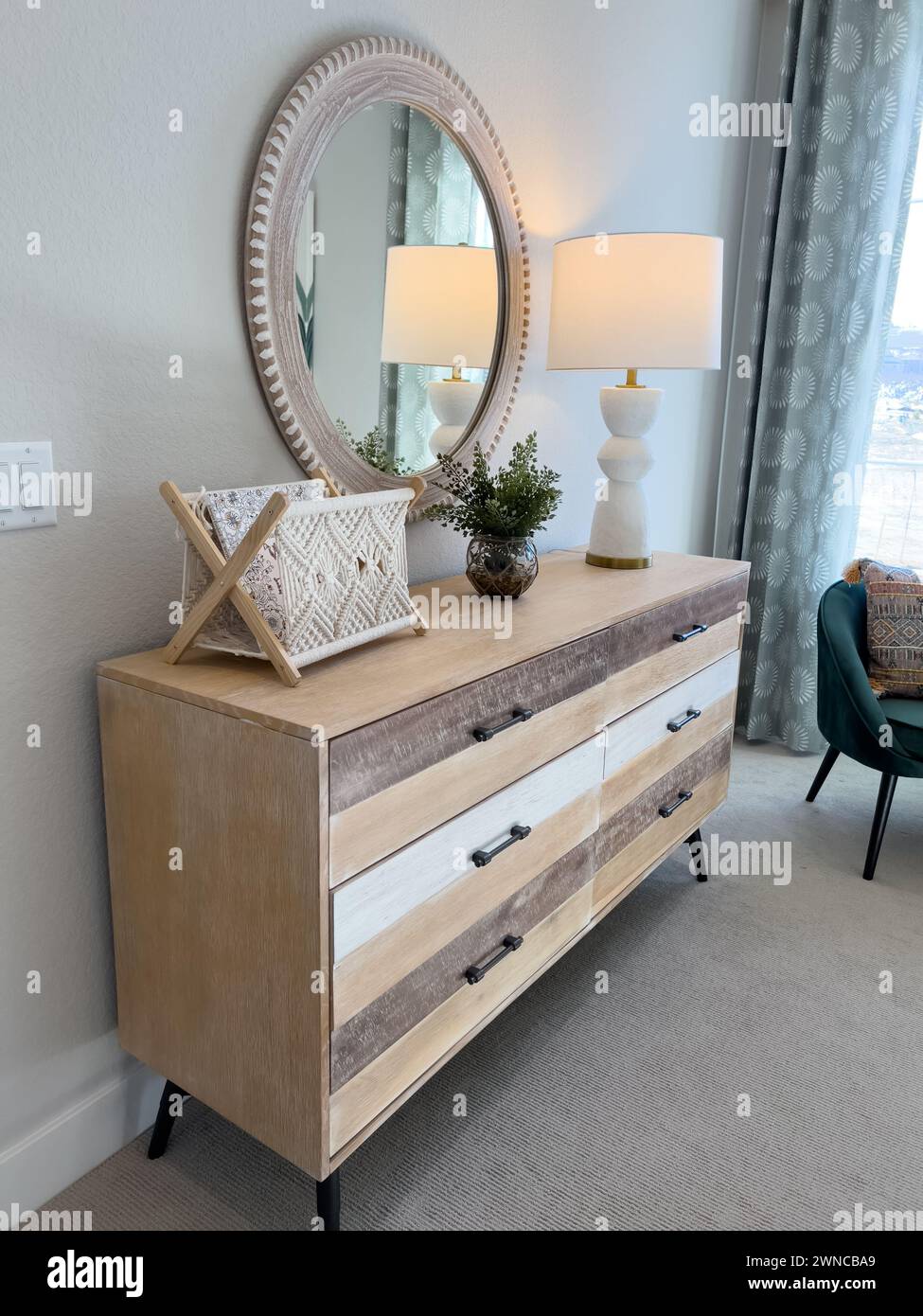 Elegant Home Entryway With Stylish Wooden Console And Mirror Stock