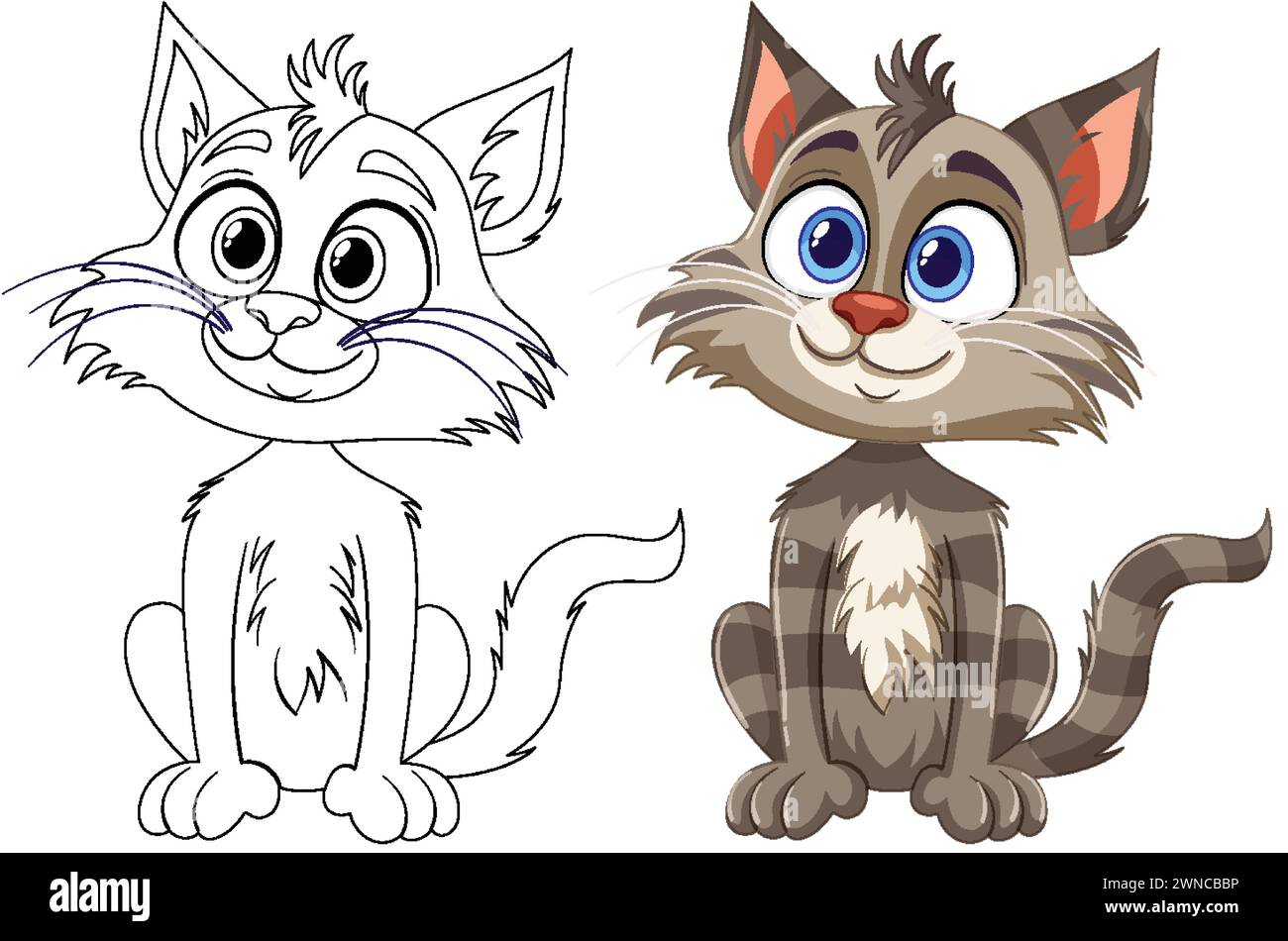 Two stages of a cartoon cat, sketch and colored Stock Vector Image ...