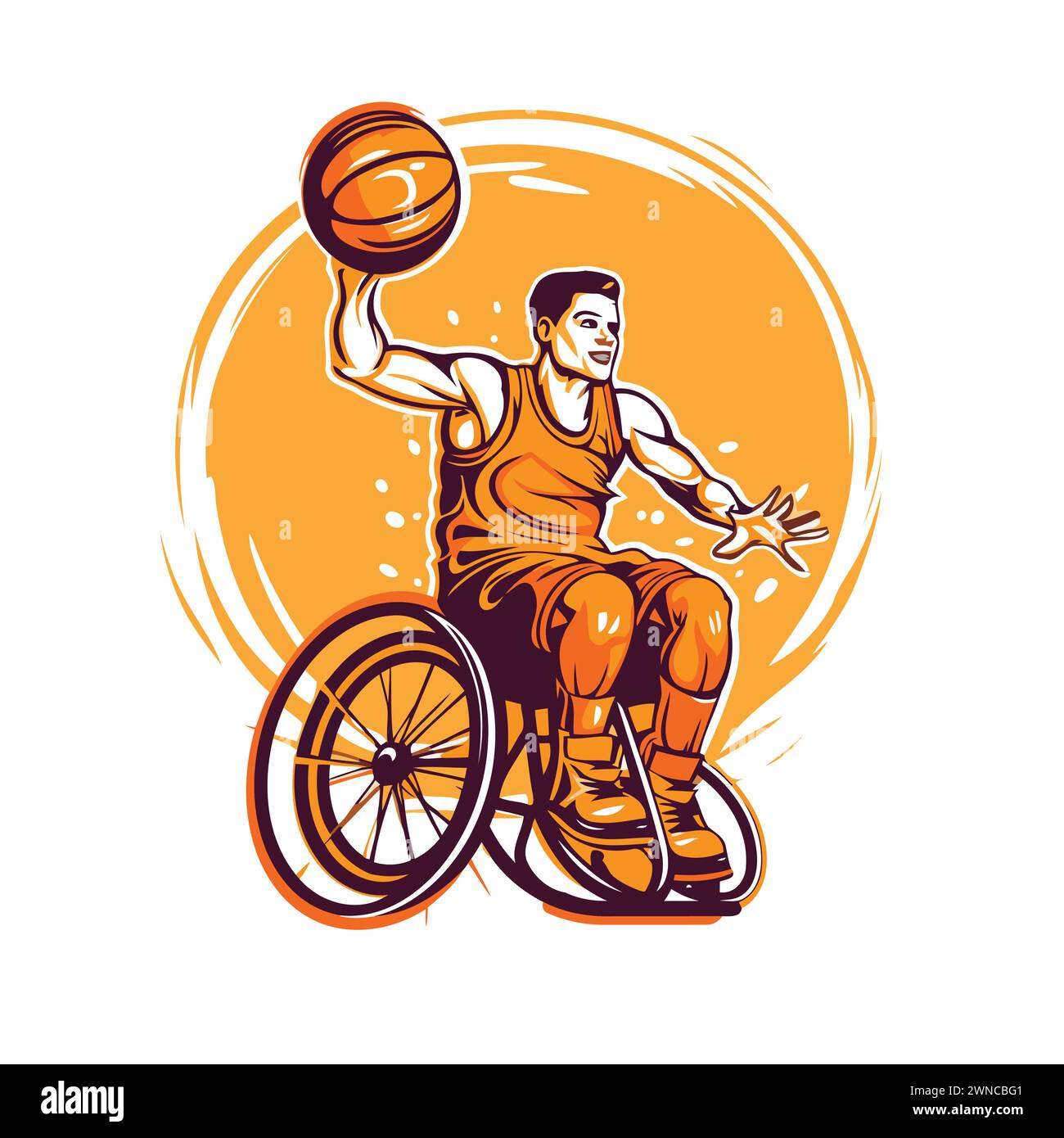 Wheelchair basketball player with ball. Vector illustration. Handicapped man in a wheelchair playing basketball. Stock Vector