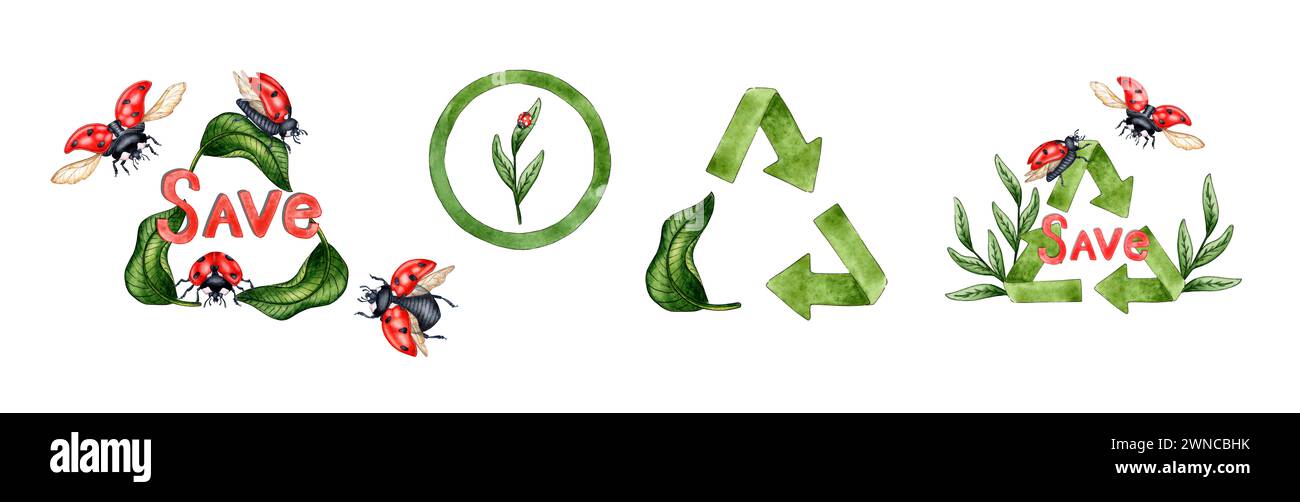 Set of watercolor illustrations of various garbage recycling signs with ...