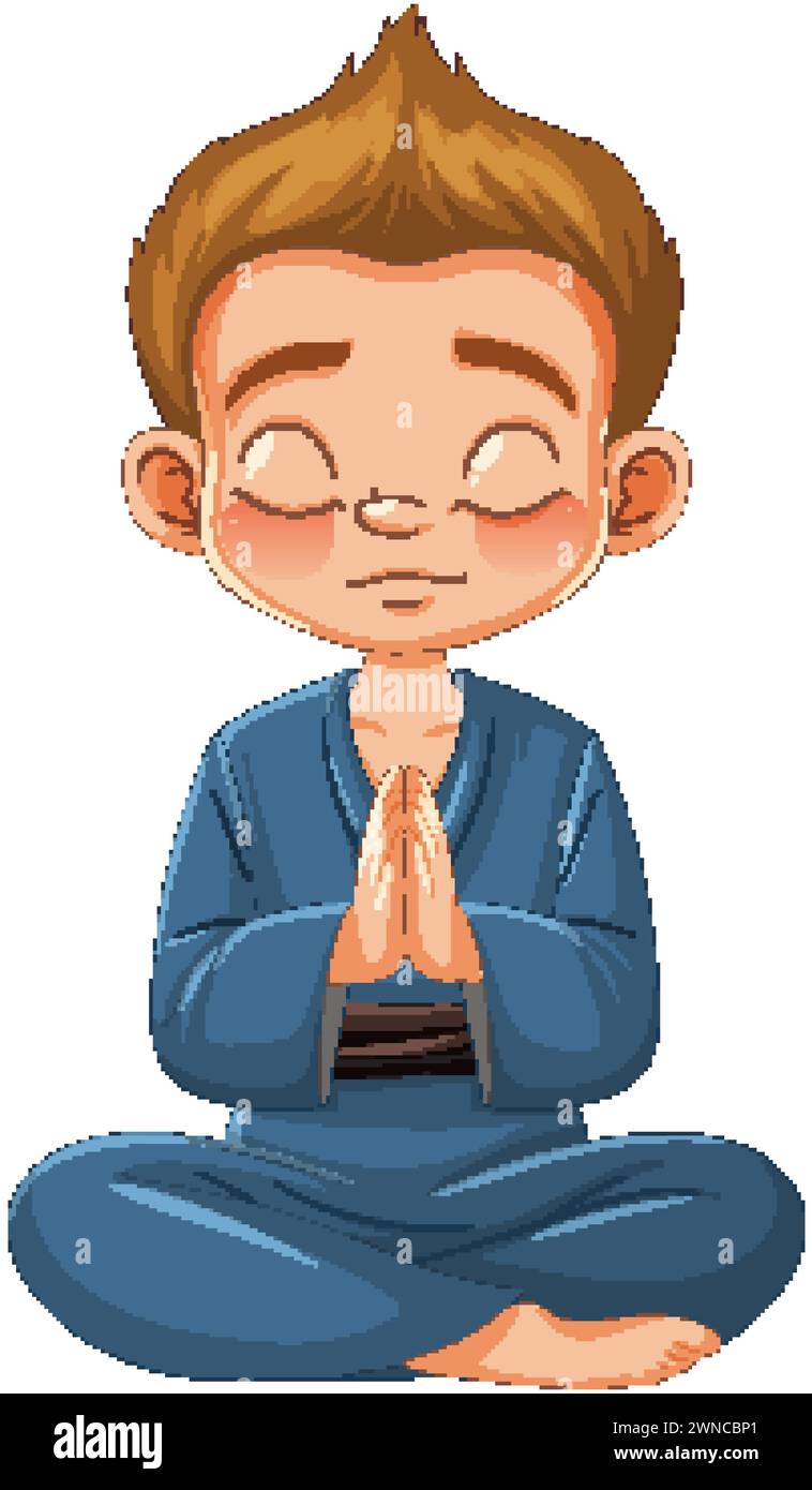 Cartoon of a boy meditating in a peaceful pose Stock Vector