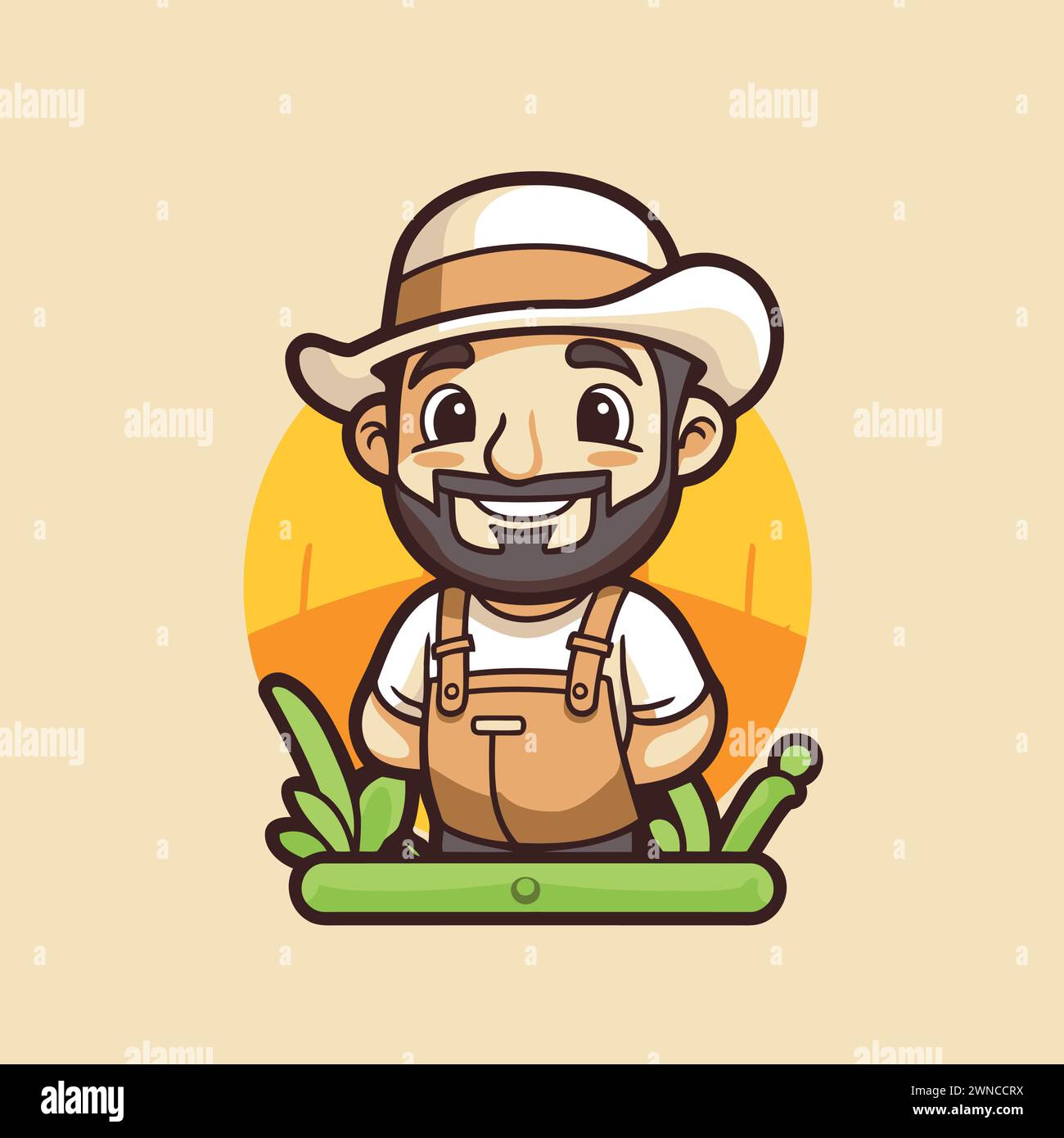 Cartoon farmer. Vector illustration of a gardener with a beard Stock