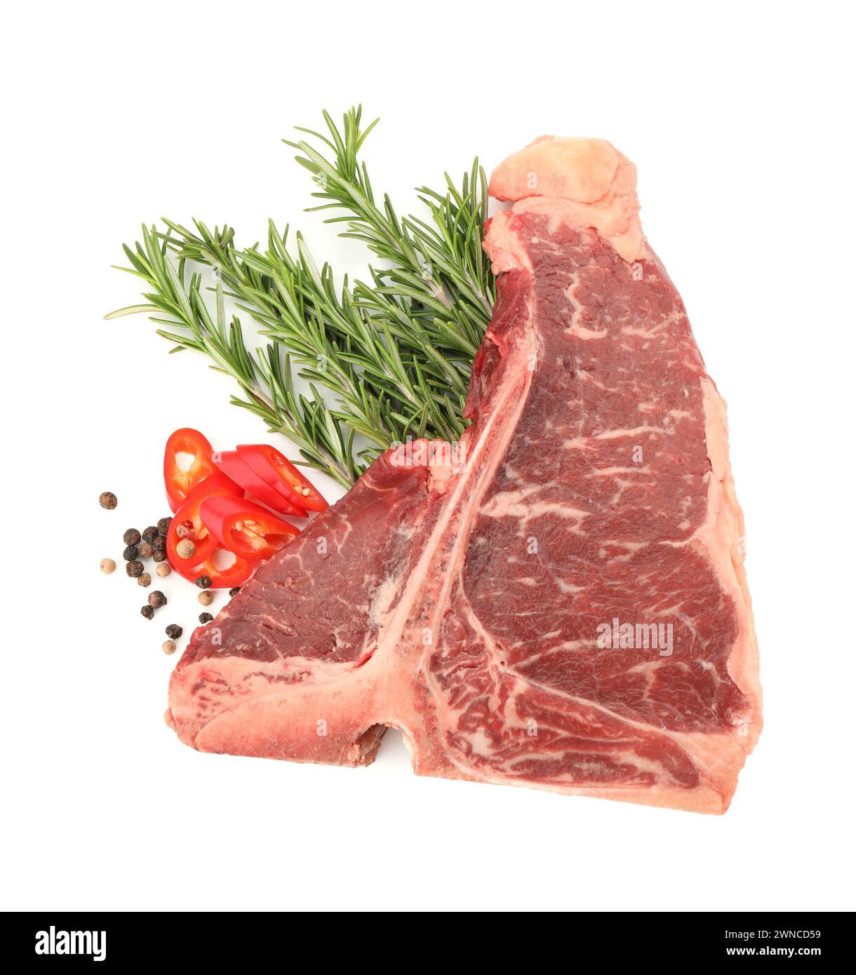 Raw t-bone beef steak and spices isolated on white, top view Stock ...