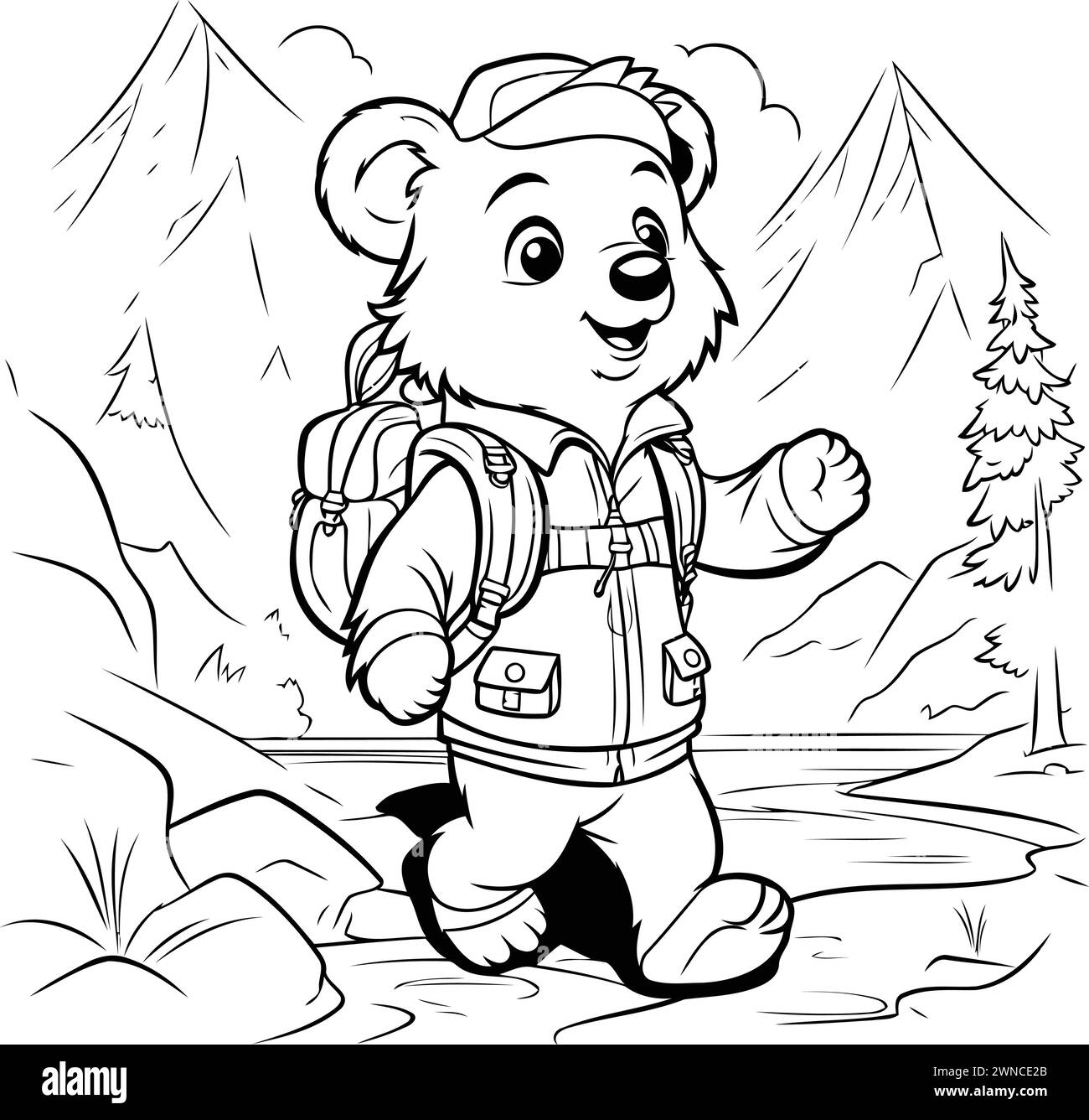 Black and White Cartoon Illustration of Bear Hiking for Coloring Book