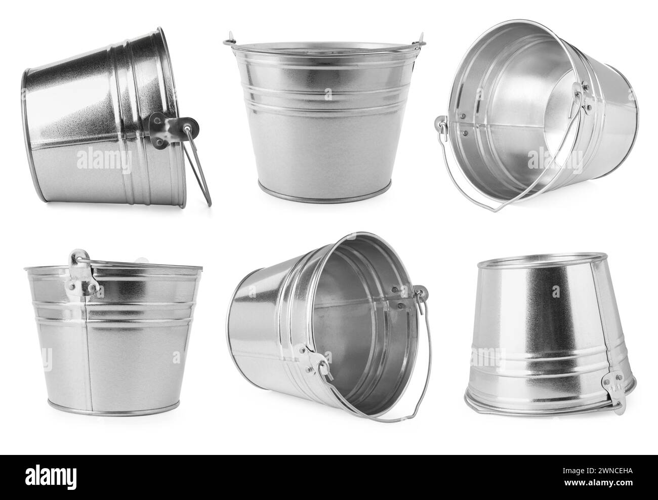 Shiny metal buckets isolated on white, set Stock Photo Alamy