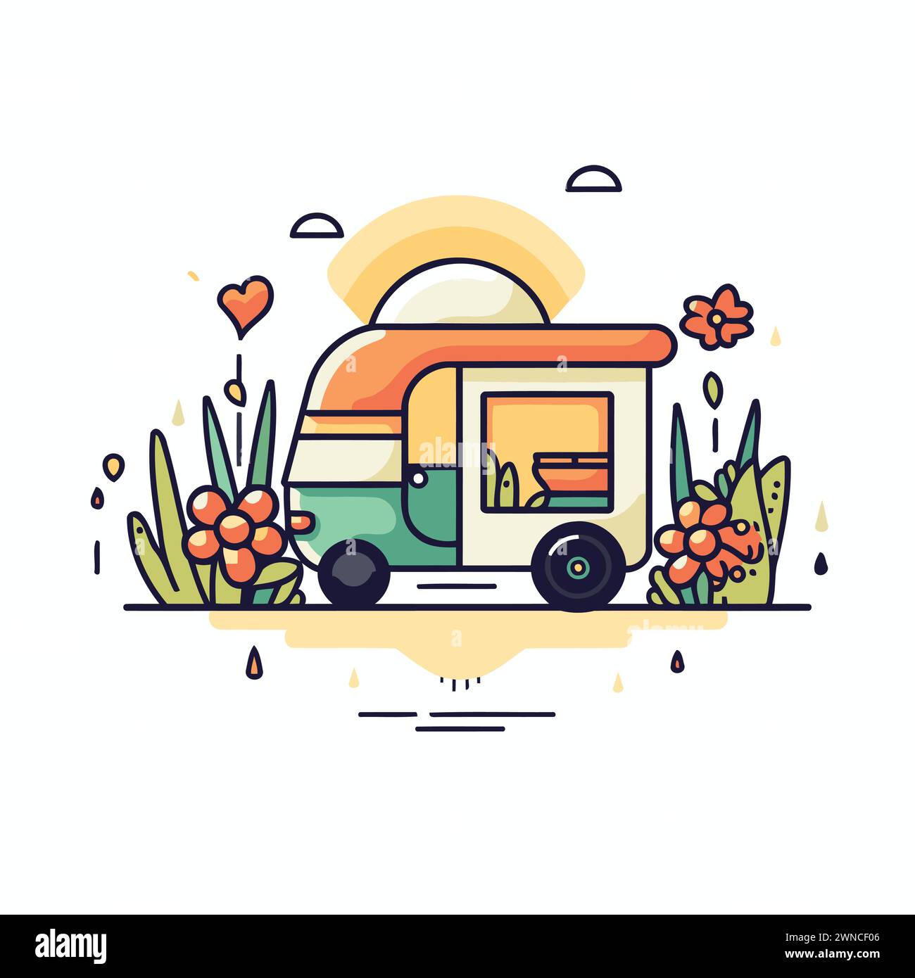 Camping trailer with flowers and sun in flat line style. Vector ...