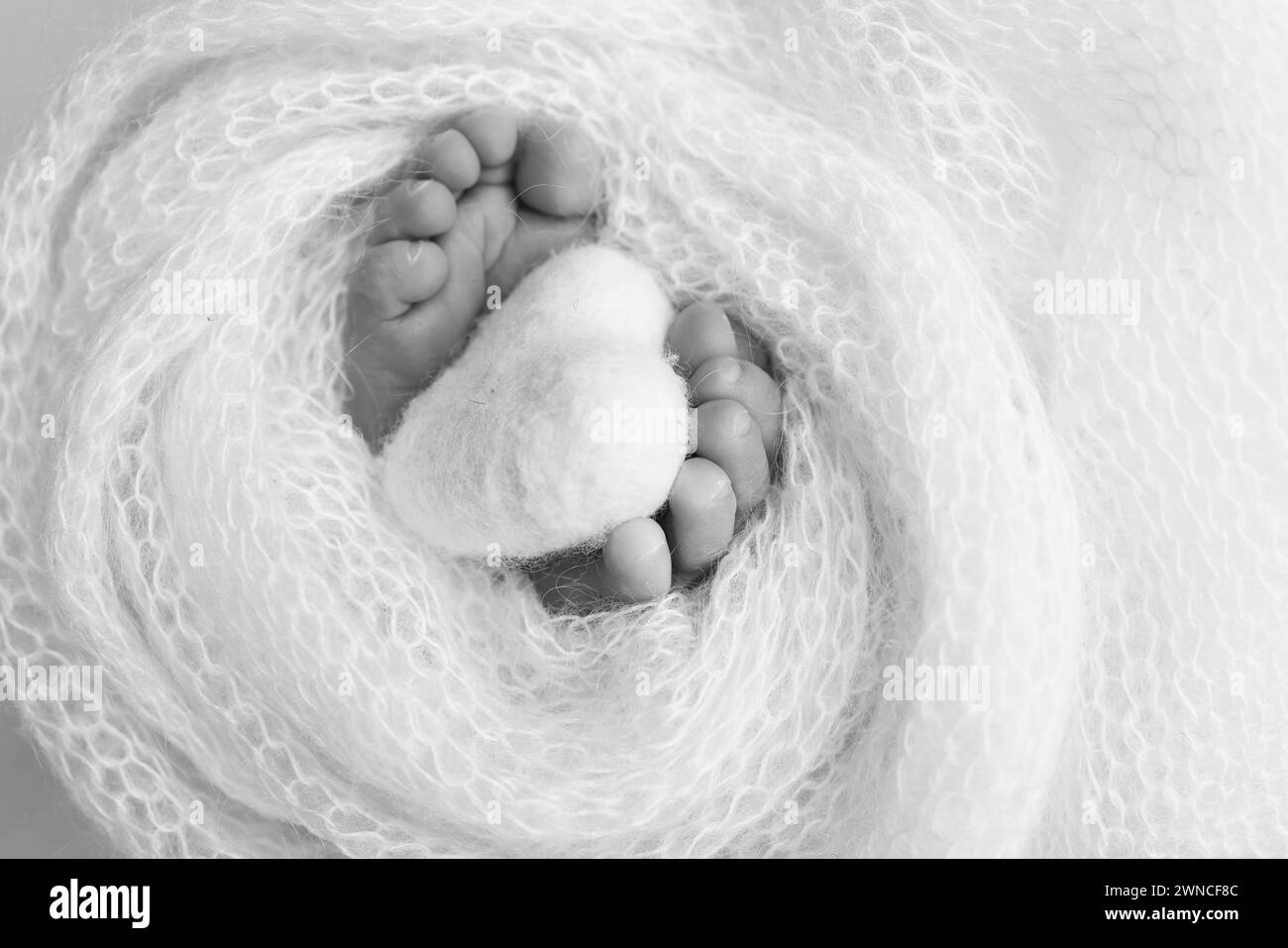 The tiny foot of a newborn baby. Soft feet of a new born in a wool